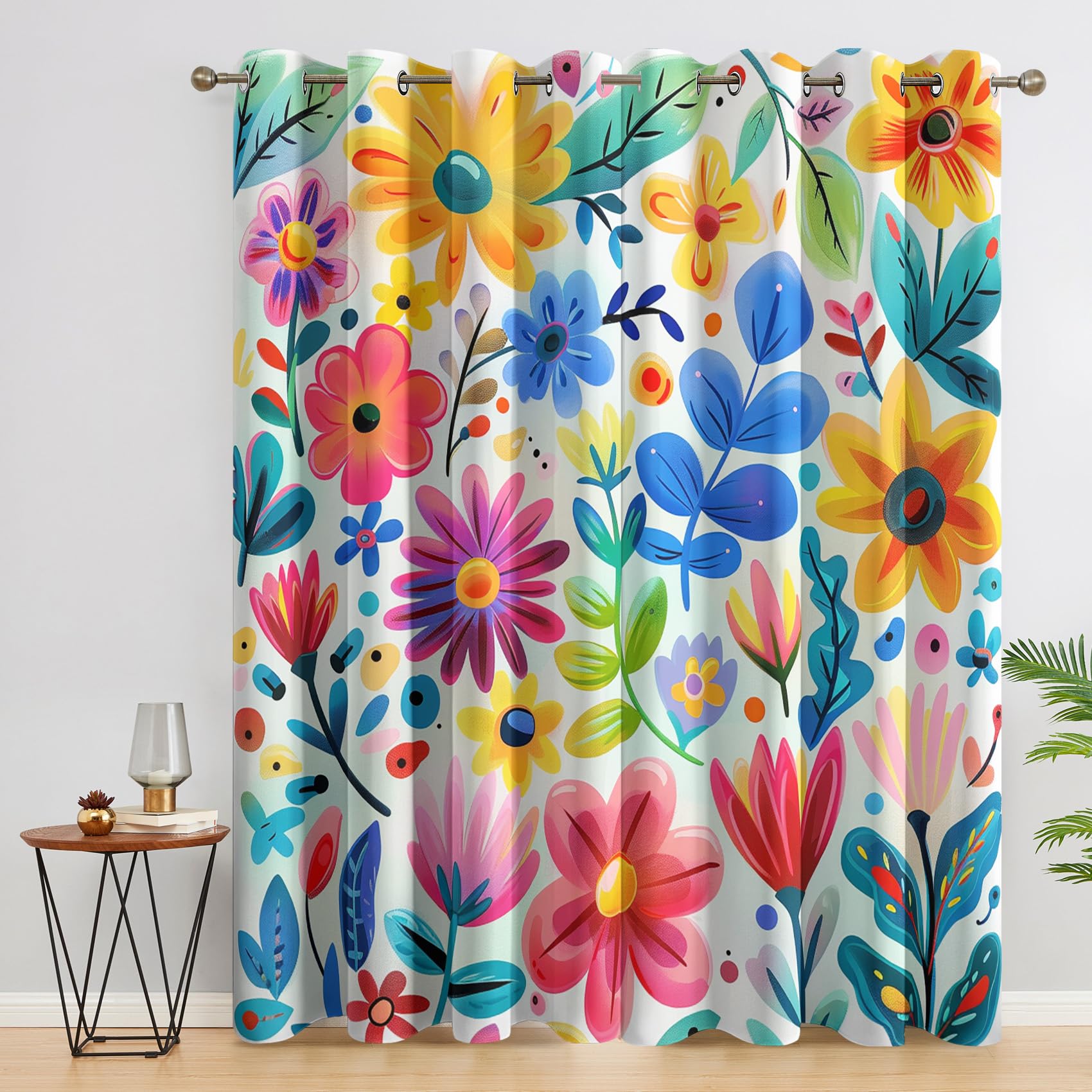 Bunt Geblümt Vorhänge, Verdunklungsvorhänge mit Muster Bunt, Vorhang Blickdicht mit Ösen, Gardinen für Wohnzimmer Schlafzimmer Deko 2er Set - 137x117 (H X B)