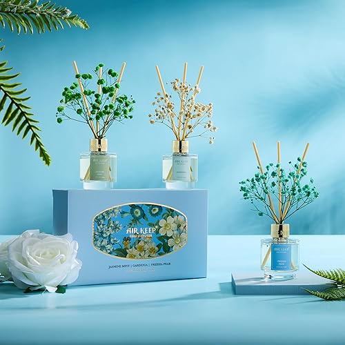 Miniatura 8 de Airkeep Juego de 3 difusores de varillas de aceite de pera, jazmín, menta, gardenia, fresia, para dormitorio, sala de estar, oficina, aromaterapia,