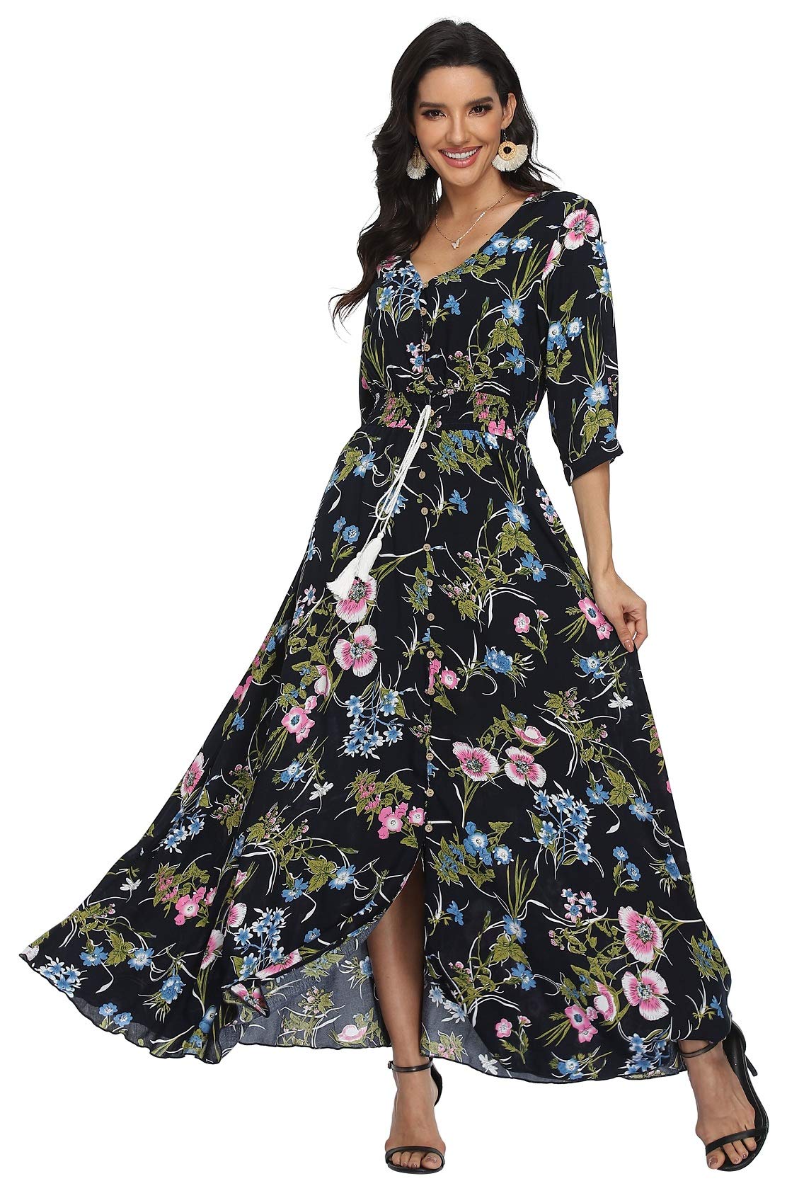 VintageClothing Women's Floral Maxi Dresses with Sleeves Flowy Boho Beach Dress