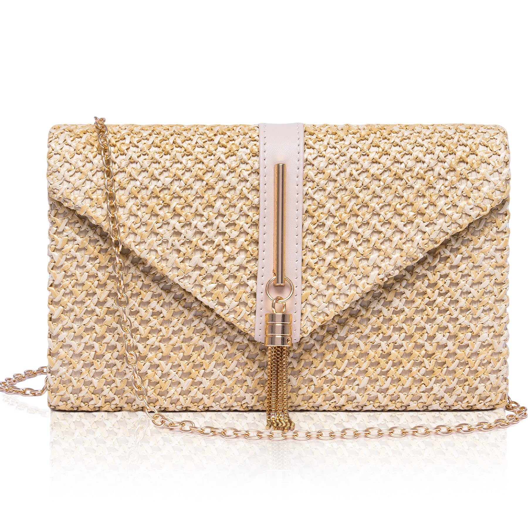 Larcenciel Bolso Mujer Paja, Bolsos Mujer Borlas Verano Playa con Cadena Desmontable, Elegante Boho Sobre Rafia Clutch Fiesta, Casuale Bandolera Cartera de Mano para Bodas Vacaciones, 21.7x5.5x13.5CM