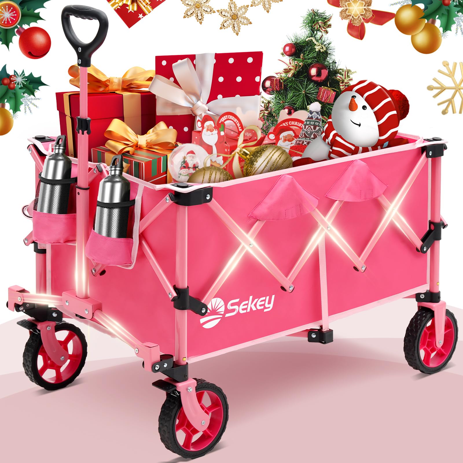 Sekey Pink Collapsible Foldable Wagon with 330lbs Weight Capacity, Heavy Duty Folding Wagon Cart with Big All-Terrain Wheels & Drink Holders. Pink