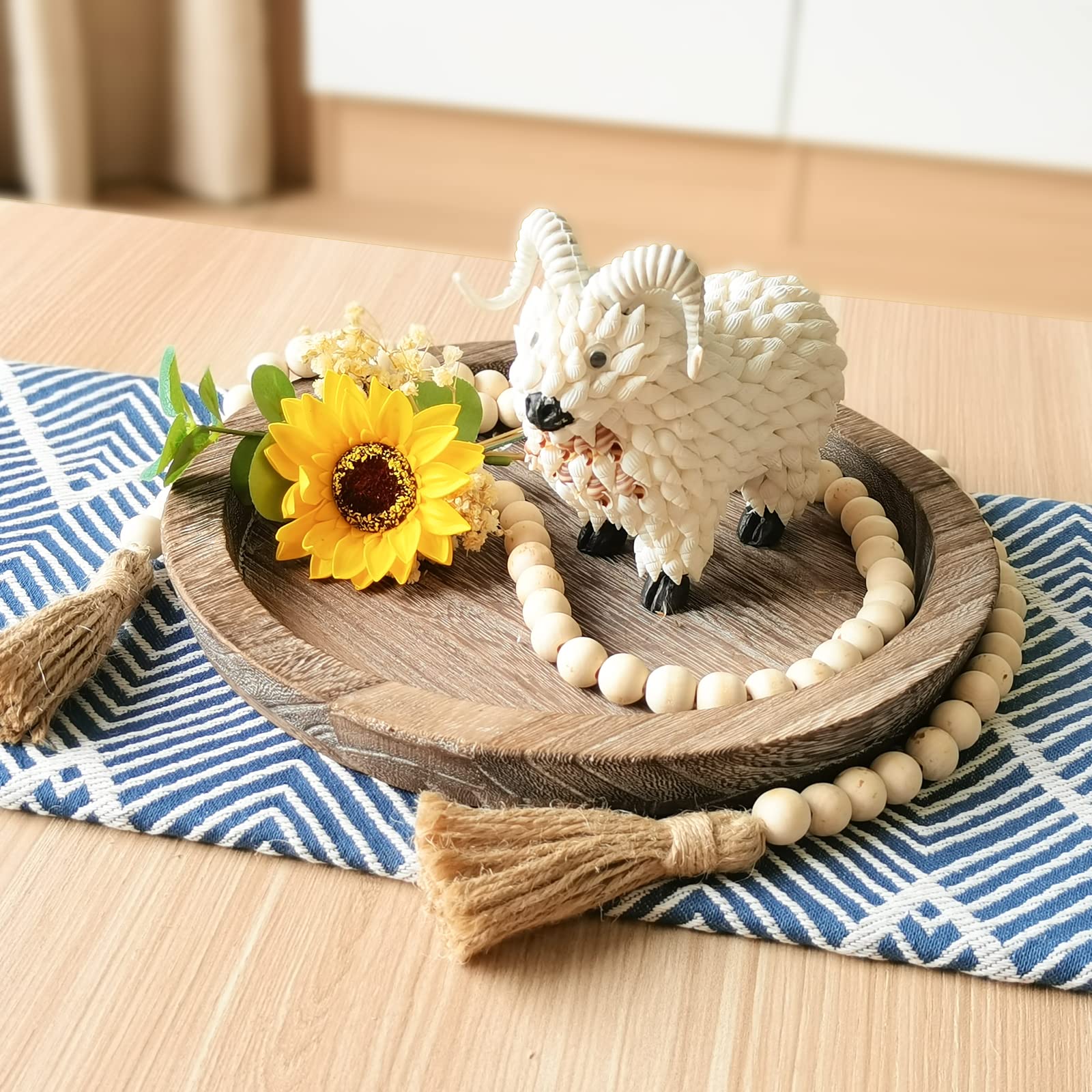 Vassoio Rotondo Boho Con Ghirlanda Di Perline In Legno | Decorazione Rustica Per Tavolo, Salotto O Cucina | Regalo Originale Per La Casa (Diametro 33 Cm) - 6