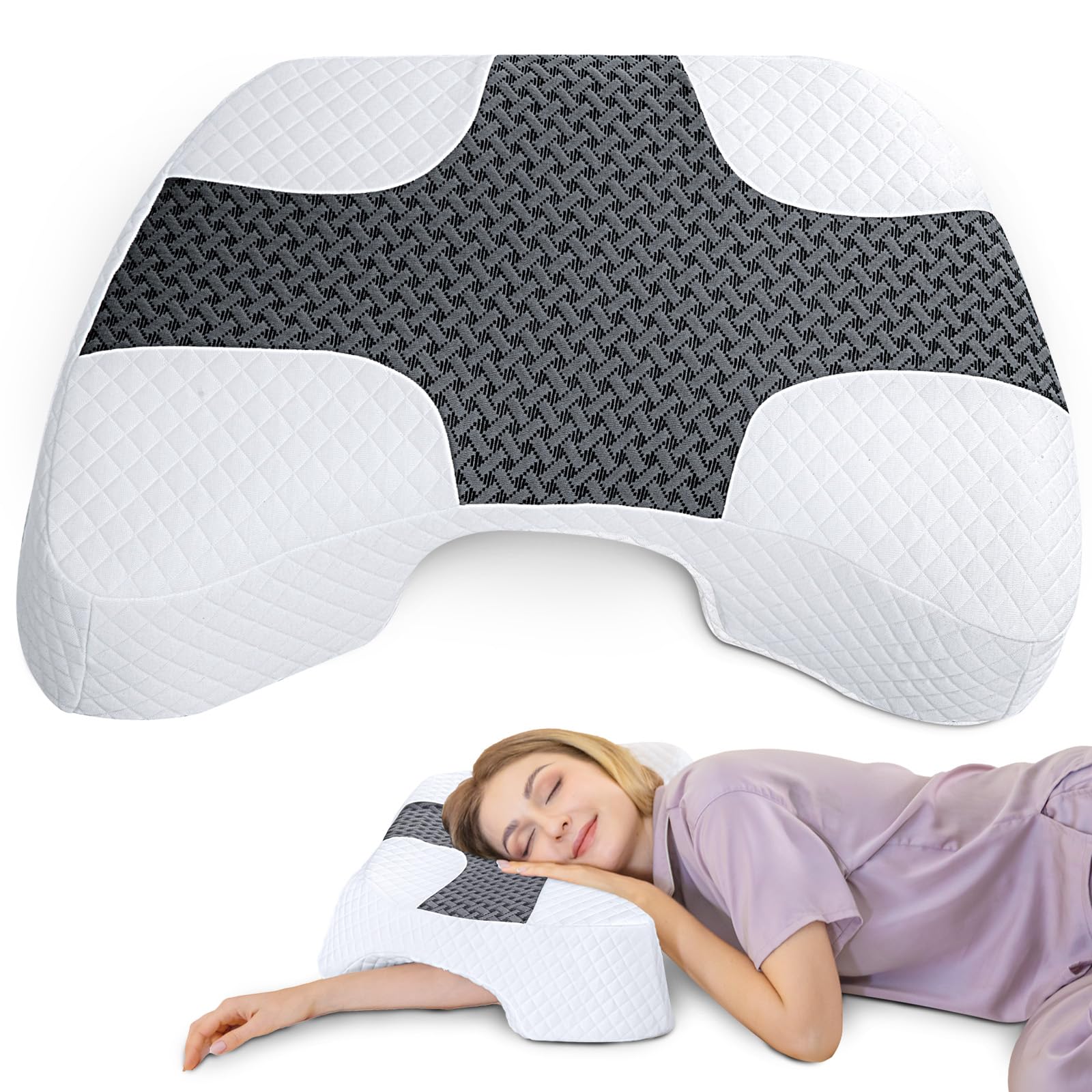 SAHEYER Side Sleeper Pillow with Arm Hole, Memory Foam Pillow for Neck and Shoulder Pain Relieve, Multi-Angle Armholes Pillow for Many Sleeping Positions, Ergonomic Orthopedic Support Pillow (Grey)