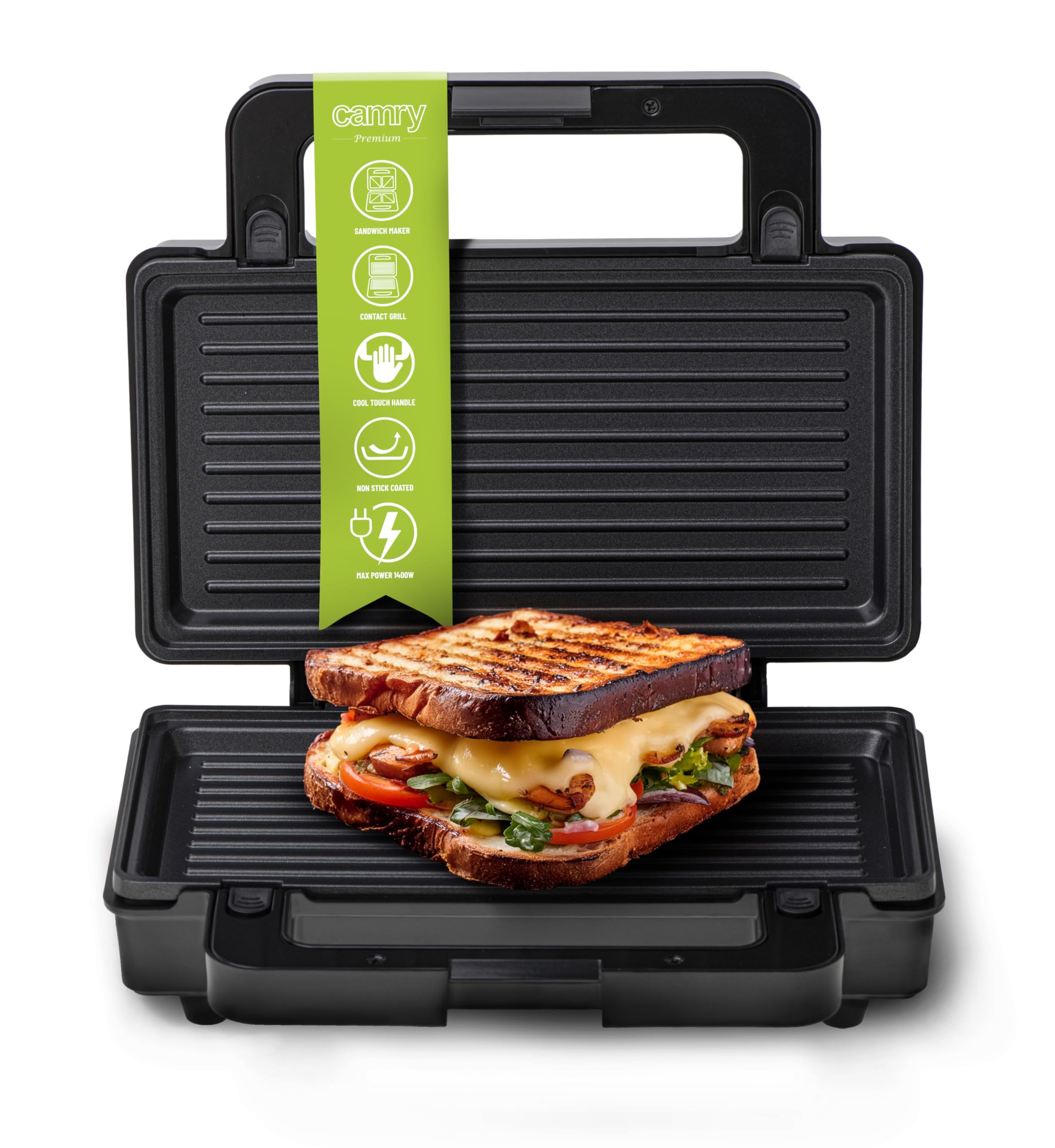 CAMRY Croque Monsieur Appareil, Machine a panini avec 2 Plaques Interchangeables, Grille-Sandwich et Grille de Contact, Revêtement Antiadhésif, Poignée de Sécurité, Témoins Lumineux, 1400 W, CR3075