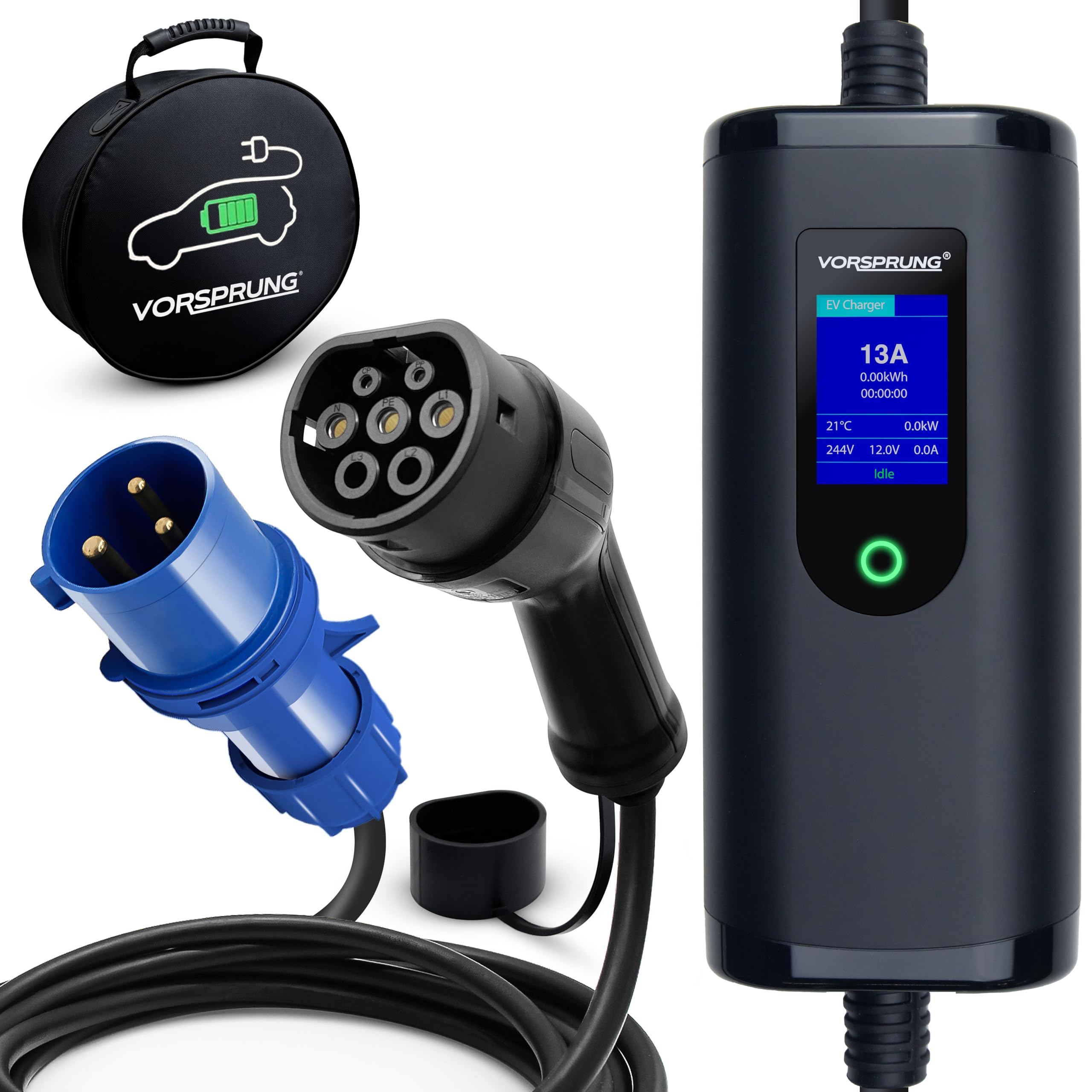 VORSPRUNG® (CEE 3 Pin Plug) Portable Type 2 EV Charger, Adjustable Amperage (10A/16A/20A/24A/32A) 7.3kW with Controllable Digital Screen - Electric Vehicle Motorhome Charging Cable T2, (UK) (8 Metre)