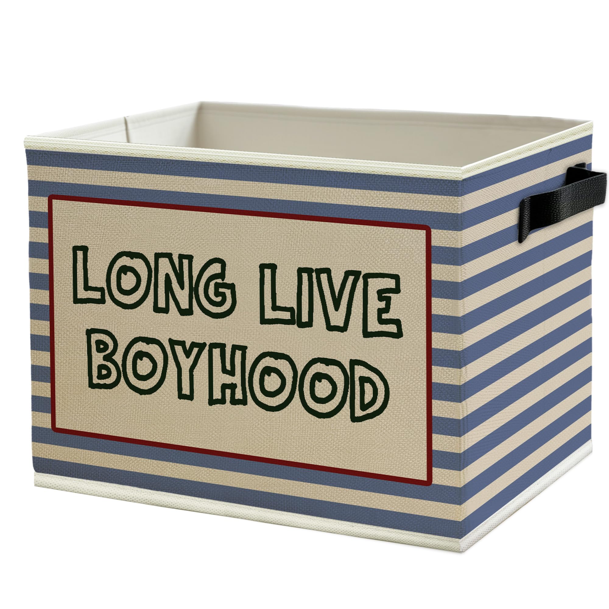Long Live Boyhood Boys Storage Bins Box with Handles, Retro Blue Striped Collapsible Basket Organizer for Kids Boy Nursery Room Bedroom Bathroom Playroom Books Clothes