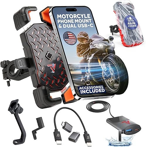 Soporte de teléfono para motocicleta con cargador USB (3.25-7 pulgadas), soporte impermeable para teléfono celular para motocicleta, ATV, moto de