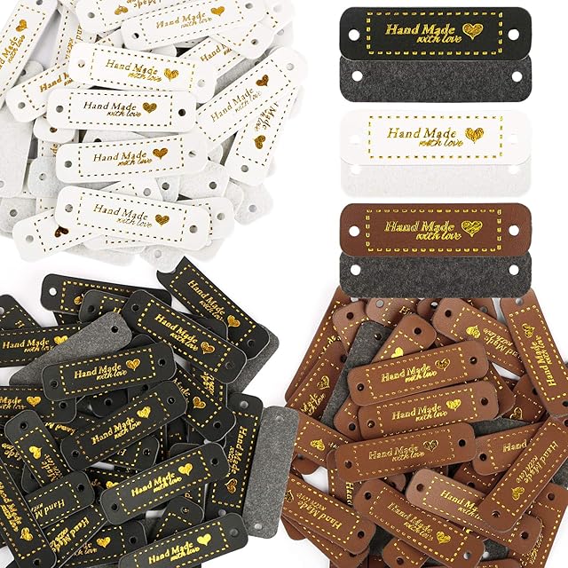 120Pcs PU Handmade with Love Labels- 5 x1.5 cm Sewing Embossed Tags with Holes Leather Handmade Labels 3 Different Color for Textile Garment DIY Crafts Clothing Sewing Accessories