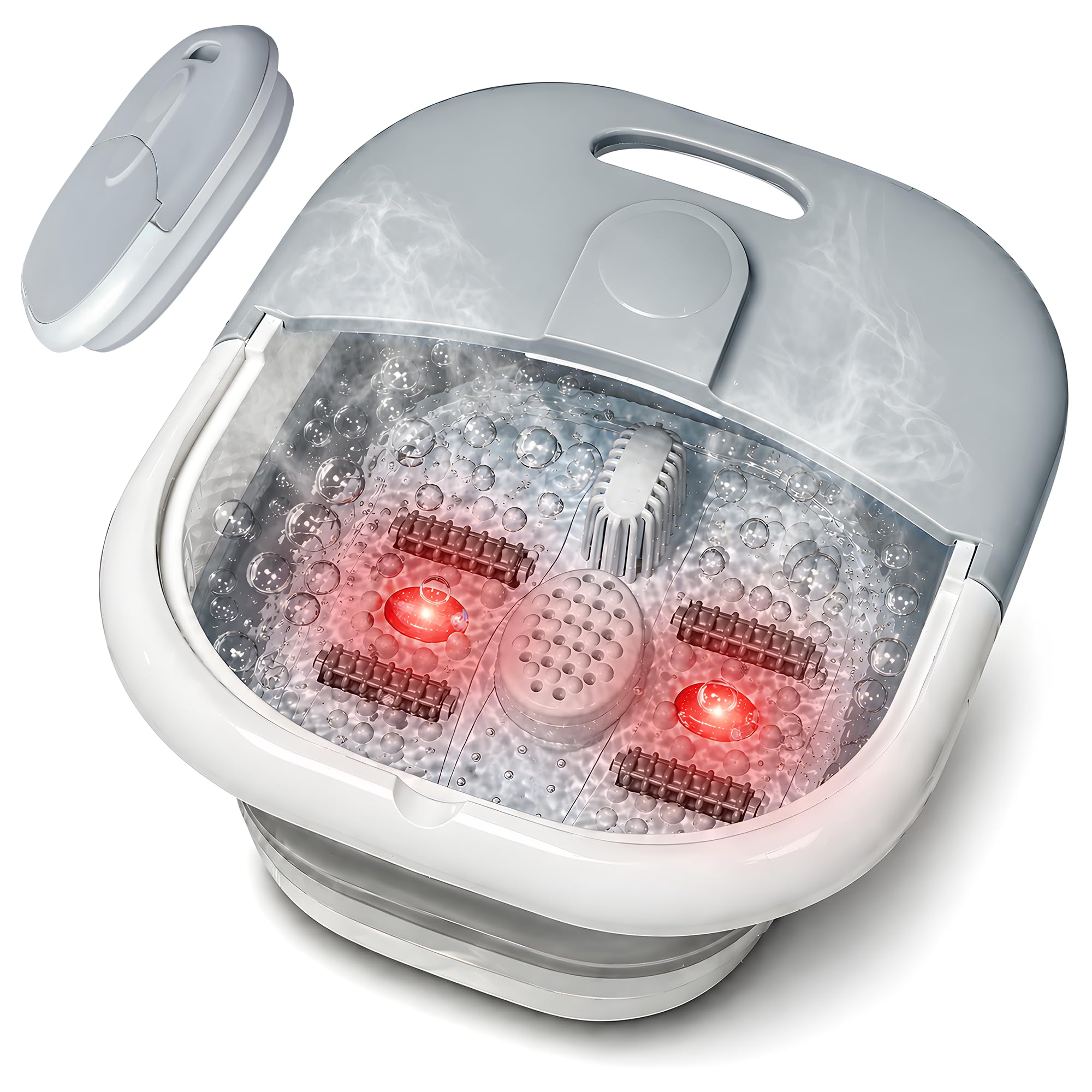 Foldable Foot Massager 500W with Heat, Bubble, Magnetic Therapy - Pedicure Foot Spa Bath with 4 Massage Rollers, Temperature Control, Red Light - Feet Soaking Tub for Relaxation, Stress Relief - Grey