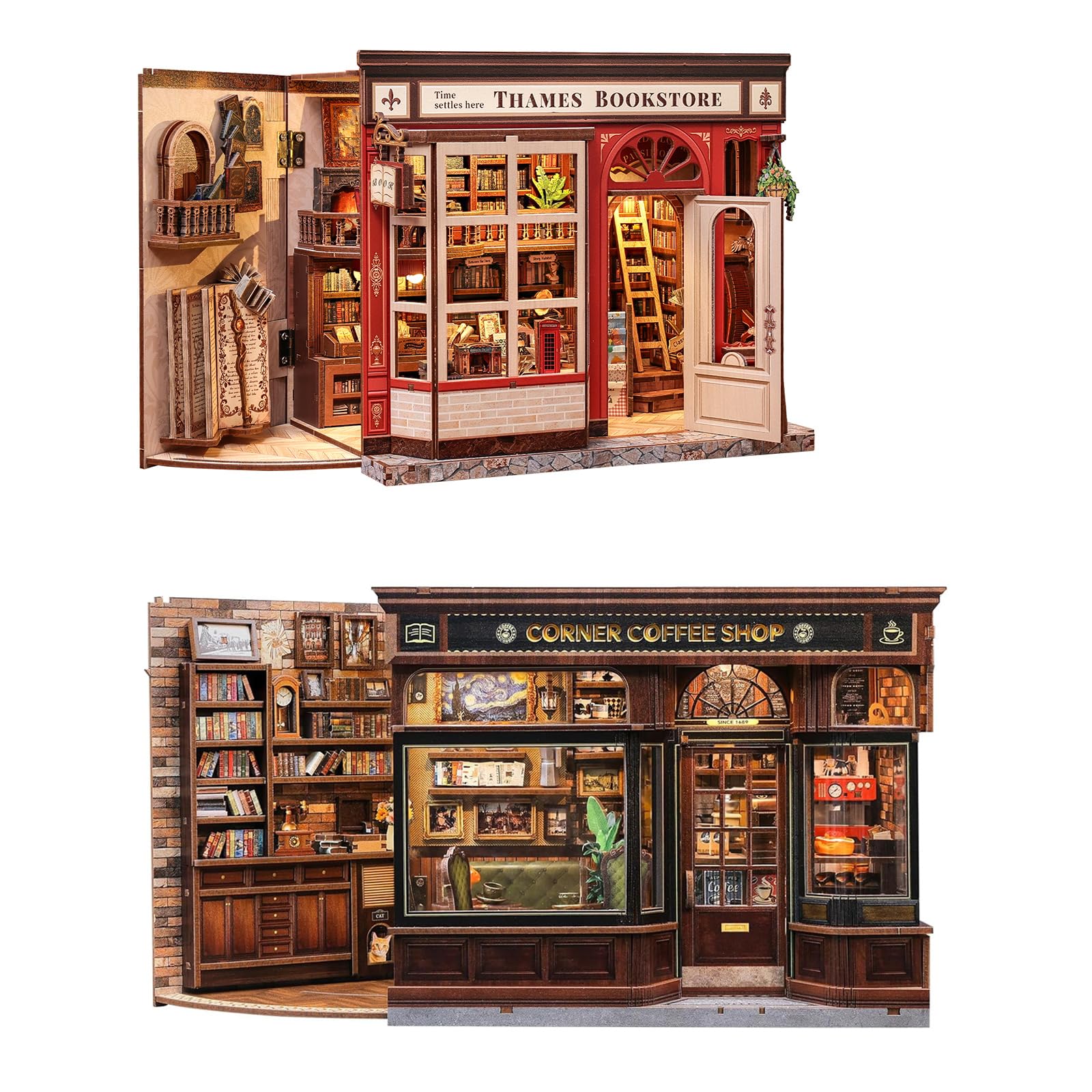 CUTEBEE Book Nook Kit – Casa delle bambole per adulti, incantevole libreria britannica, casa in miniatura con illuminazione a LED, decorazione per libreria, amanti dei libri