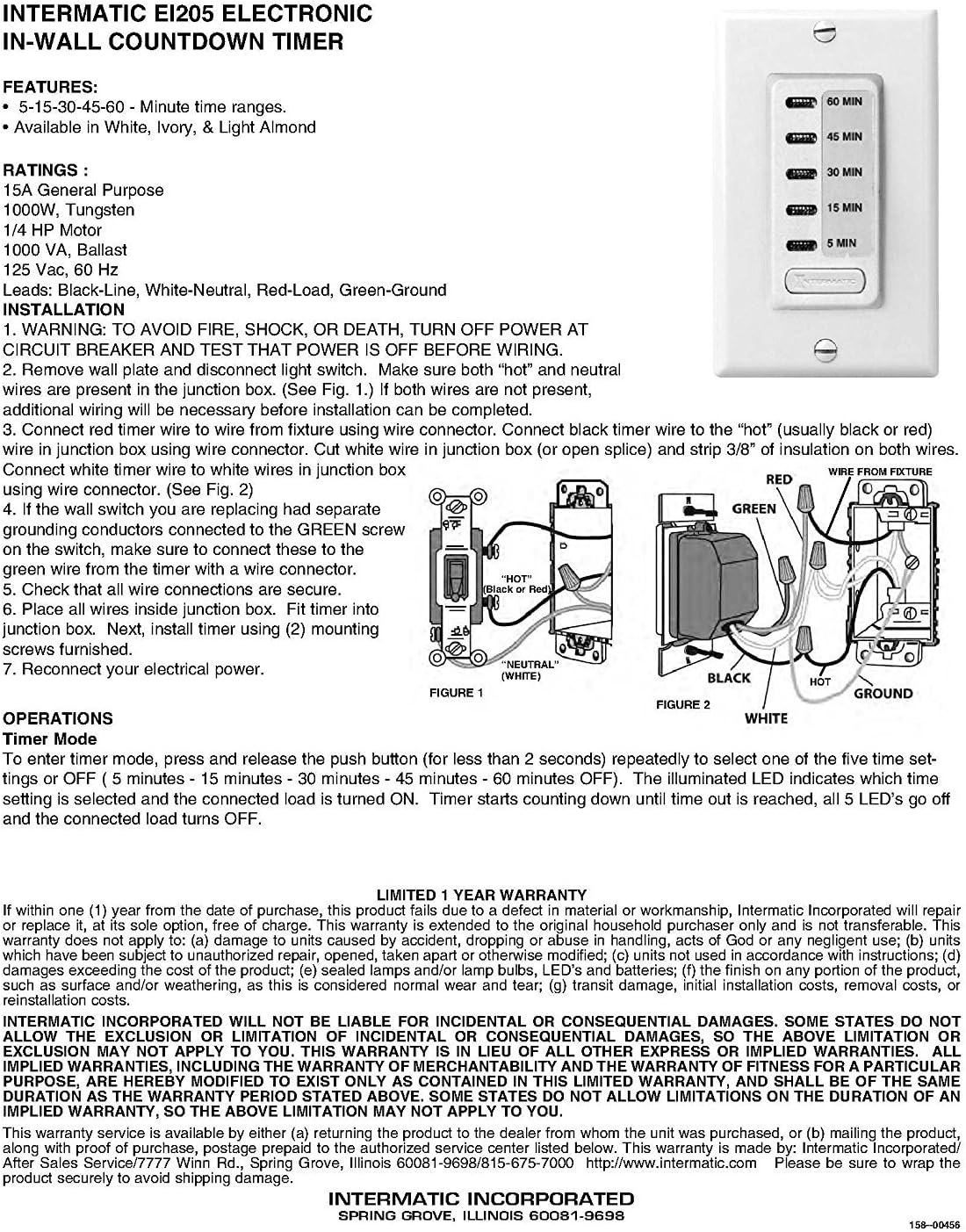 Intermatic EI205 5/15/30/45/60 Minute Electronic In-Wall Countdown Auto-Off Timer, Ivory