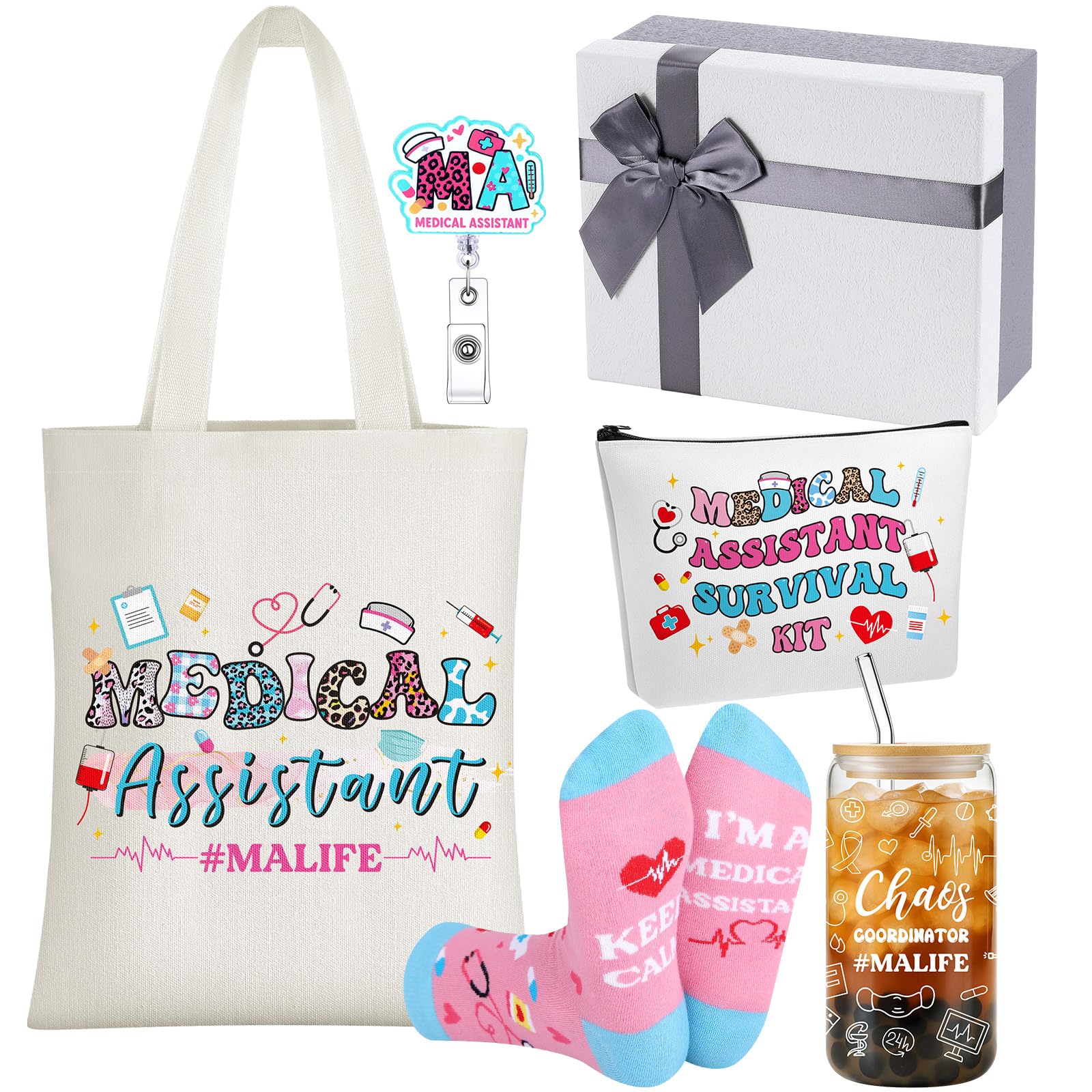 Mimorou 6 Pcs Medical Assistant Gift Set for Women Canvas Tote Bag Cosmetic Bag 16oz Glass Cup Pink Glitter Badge Reel Novelty Socks Unique Appreciation Gifts for Medical Assistants Nurse Week