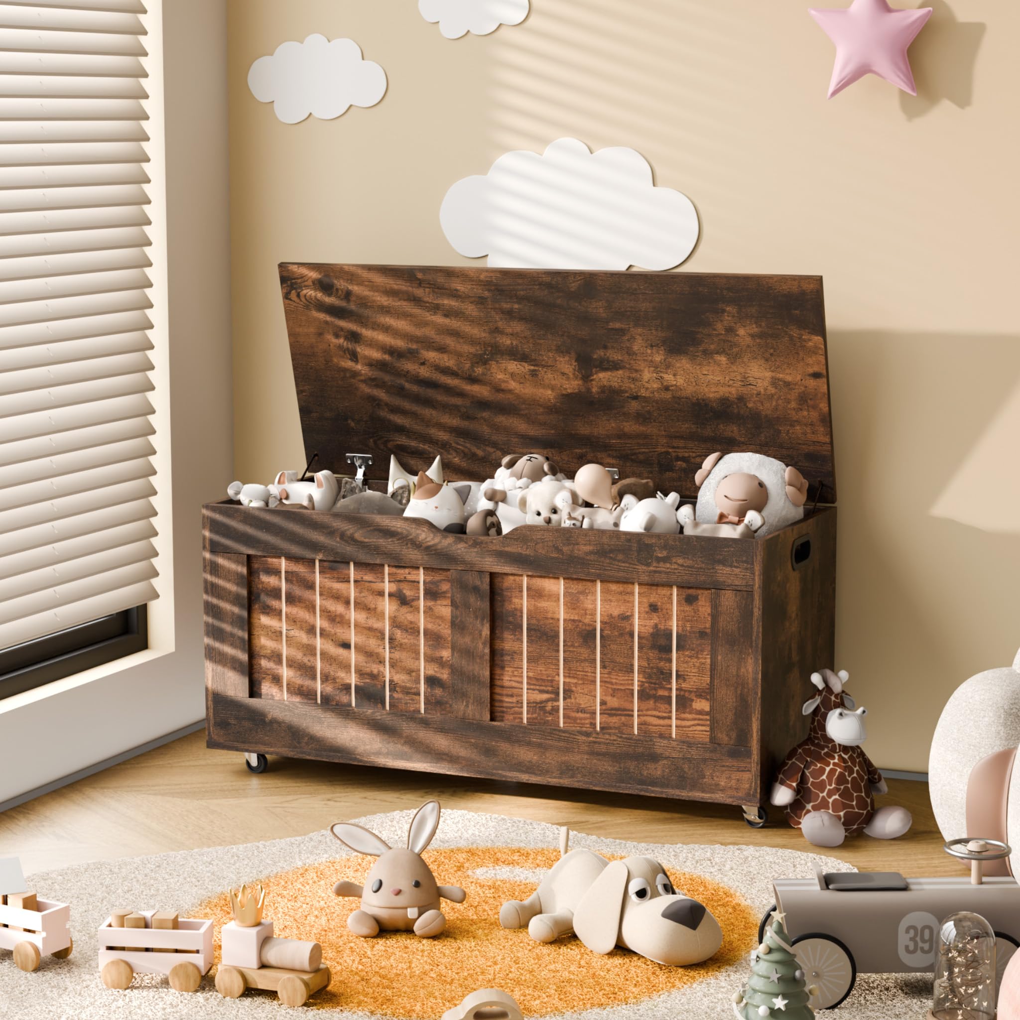 Mondeer Baúl de Almacenamiento, Banco de Almacenamiento con 4 Ruedas, Caja de Manta con 2 bisagras de Seguridad, Estilo Moderno, para Pasillo, Dormitorio, Sala de Estar, 40 x 100 x 49 cm, marrón
