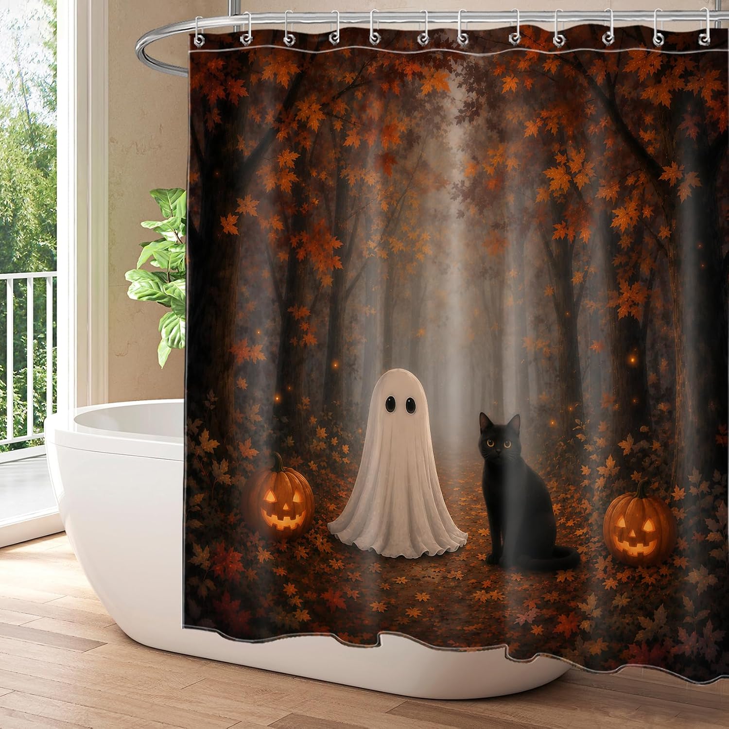 Fall Halloween Ghost Shower Curtain for Bathroom, 72W x 72L inches