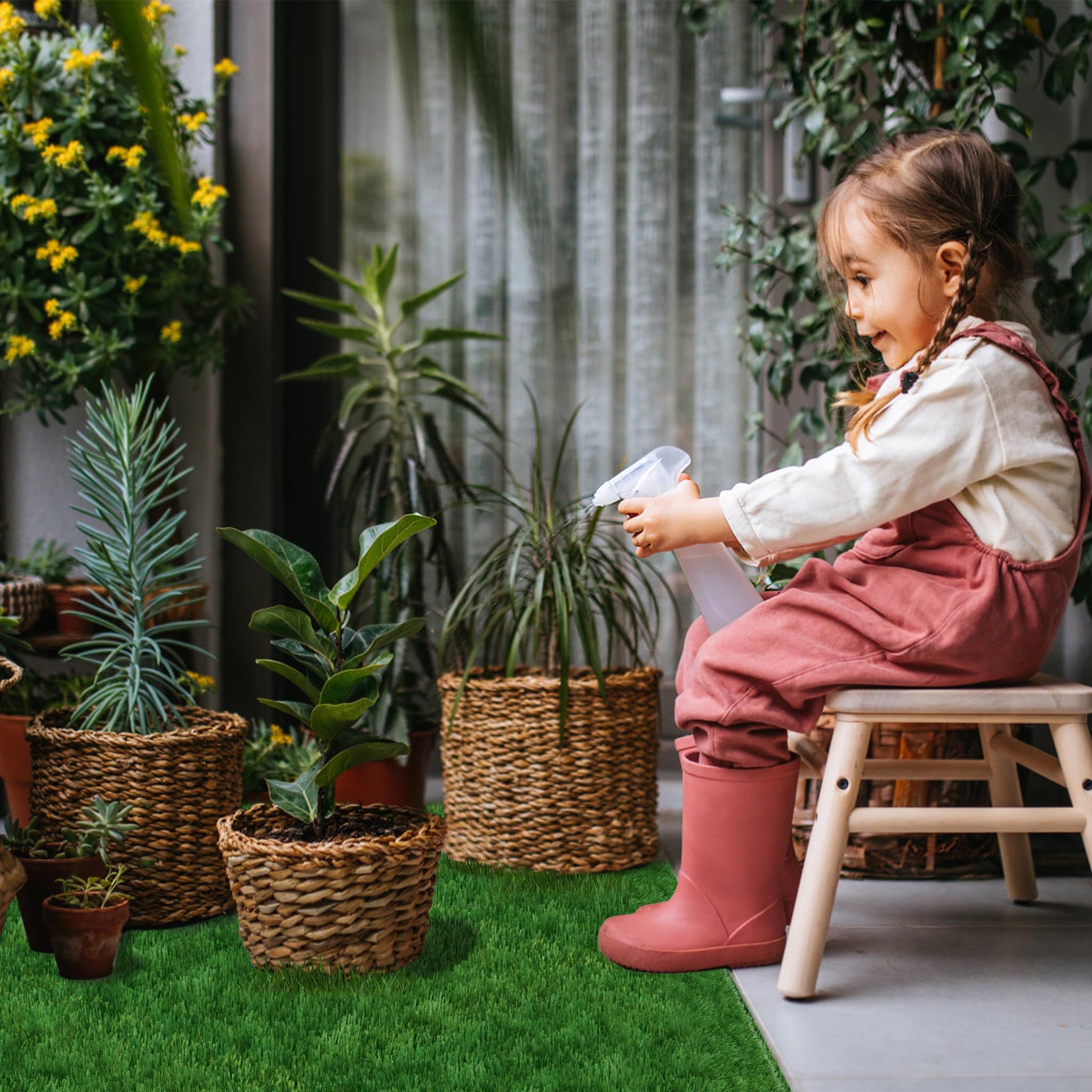 Baldosas de césped artificial para terraza, 30 x 30 cm, alfombra de césped, azulejos, baldosa de clic, en polietileno, pasto artificial, terrazas cortables, juego de 11 unidades, para 1 m²