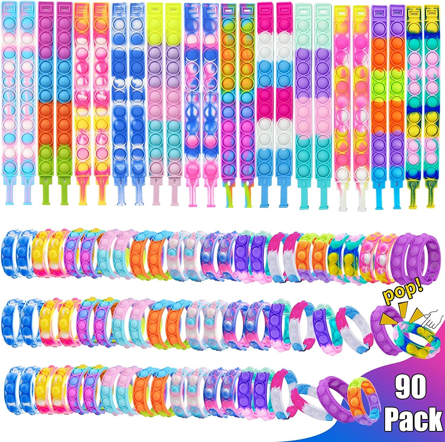 Amyang 90Pcs Pop Bracelet Fidget Toys,Bubble Bracelets,Stress Anxiety Relief Sensory Toys for Kids Adults ADHD ADD Autism,Classroom Exchange Gifts Party Favor Game Prizes