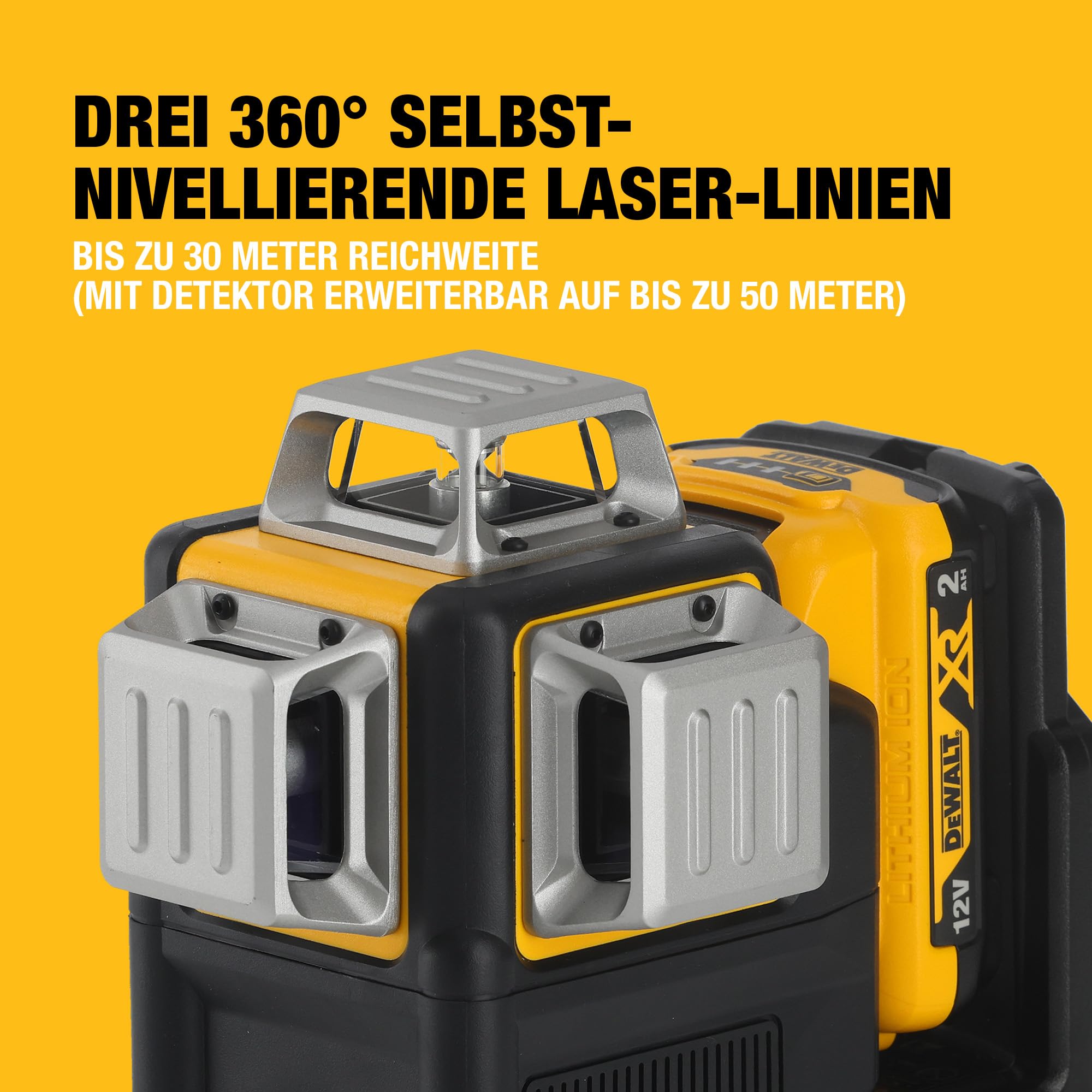 DEWALT XR 3 x 360° Akku-Multilinien-Laser grün (Selbstnivellierender Laser, mit Pulsmodus für Empfängereinsatz, Schutzklasse IP65, inkl. 12 Volt 2 Ah Akku und Ladegerät), DCE089D1G-QW