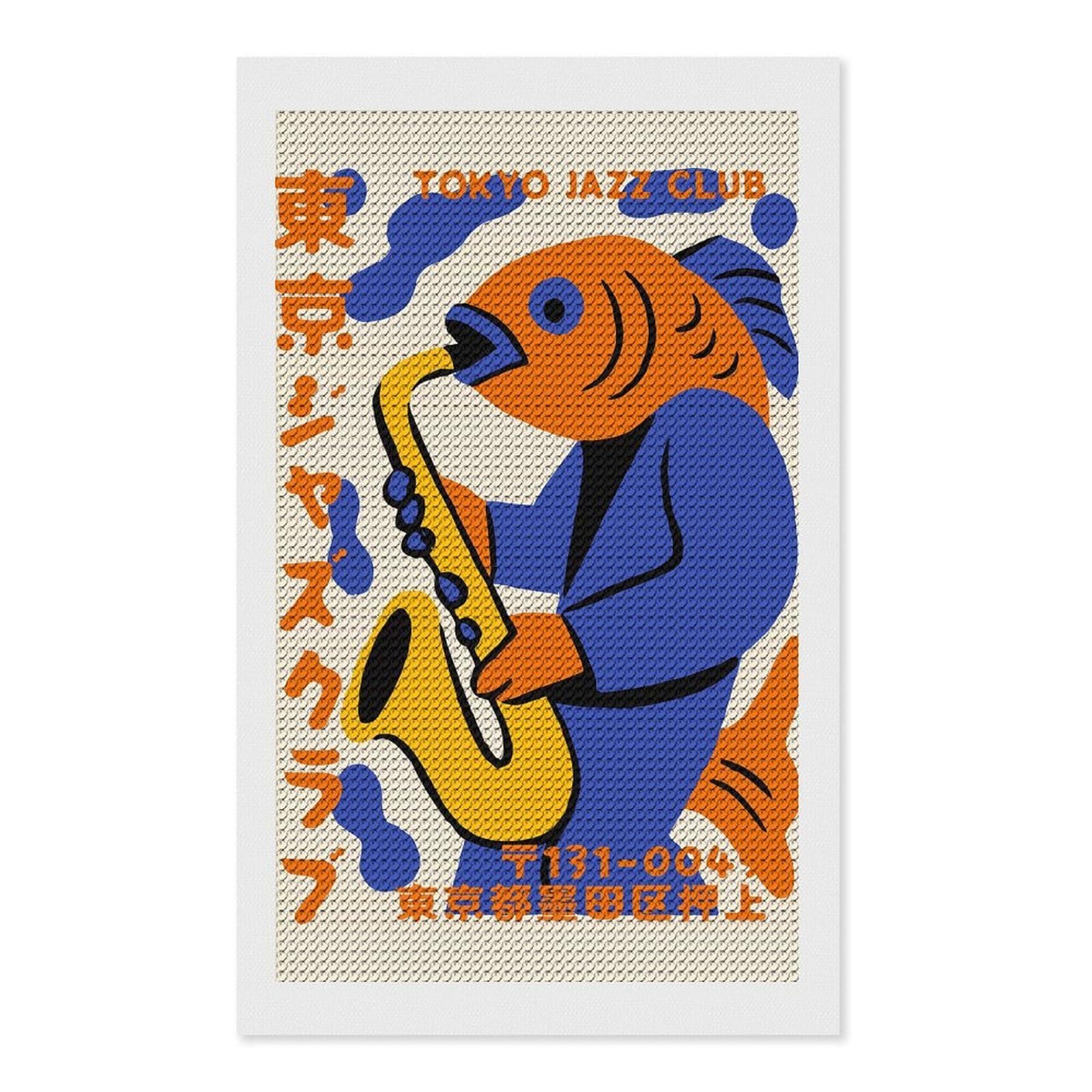 Junmoney Tokyo Jazz Club Fish Saxophone Diamond Art Canvas 12"x20", for Adults, Pleasing Wall Art Project, Modern Decor, Gift Idea, Nice Detail and Sparkle