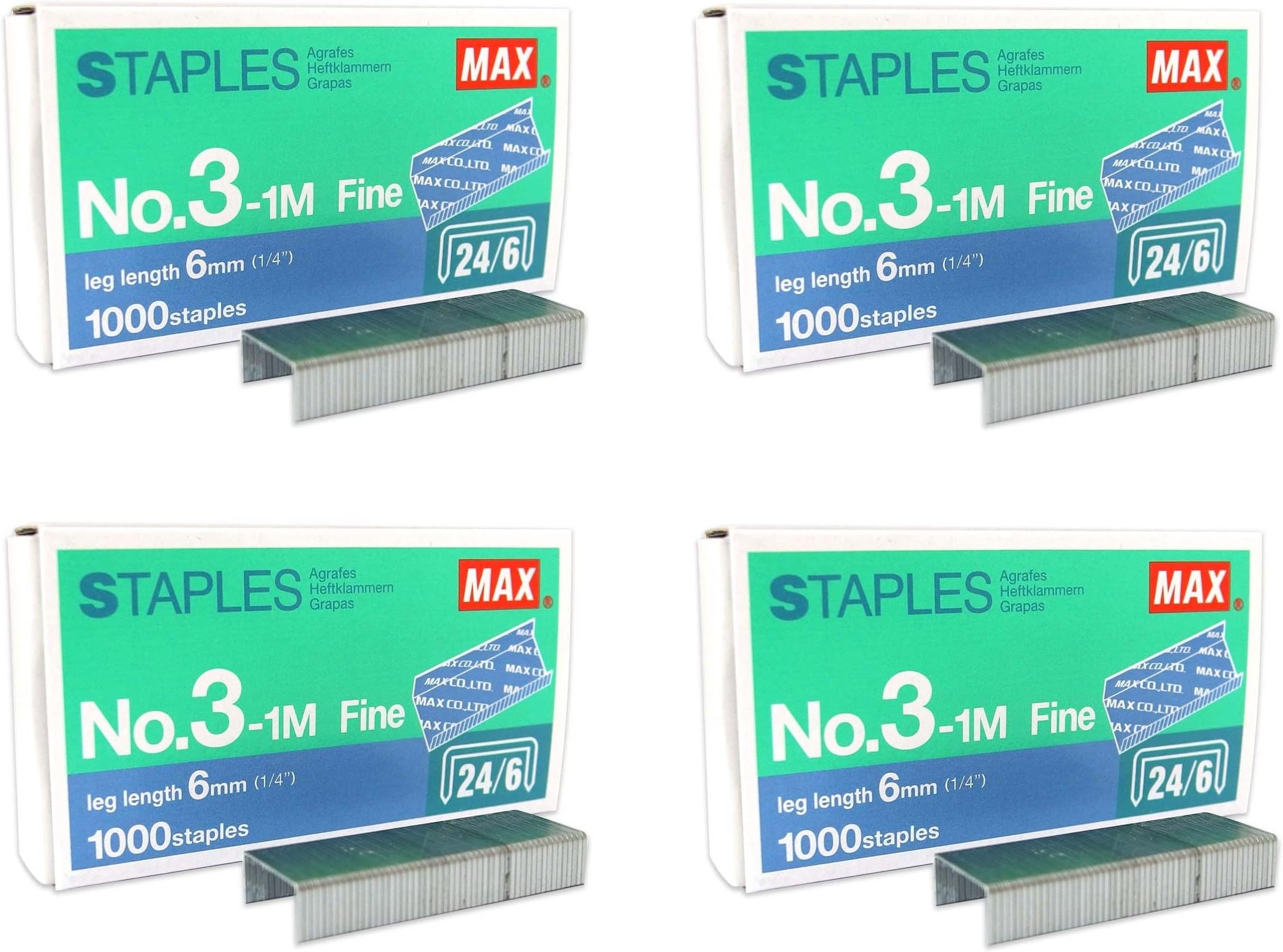 PLESIU MEselected MAX No.3-1M Flat Clinch Staples (24/6) for Office - 4 Boxes (4,000-Staples) - Silver