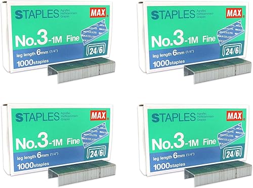 PLESIU MEselected MAX No.3-1M - Grapas planas (24/6) para oficina, 4 cajas (4,000 grapas), color plateado