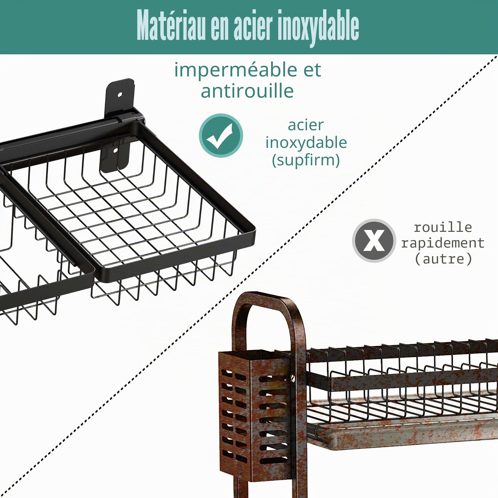 Support mural réglable en acier inoxydable pour sécher la vaisselle au-dessus de l'évier, support de casseroles de grande capacité avec support d'ustensiles