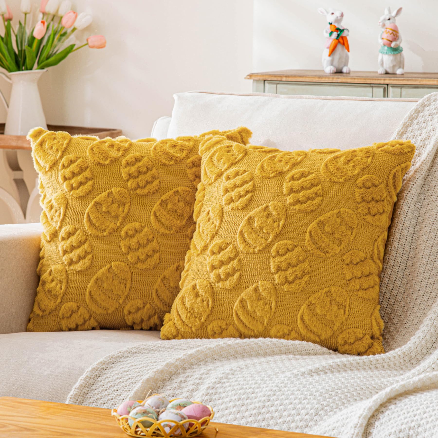 SINYASAN Set of 2 Mustard Yellow Easter Egg Faux Fur Throw Pillow Covers 18x18 inches Velvet Spring Pillow Covers for Couch Bedroom Decorations Fluffy Floral Pillowcases for Farmhouse