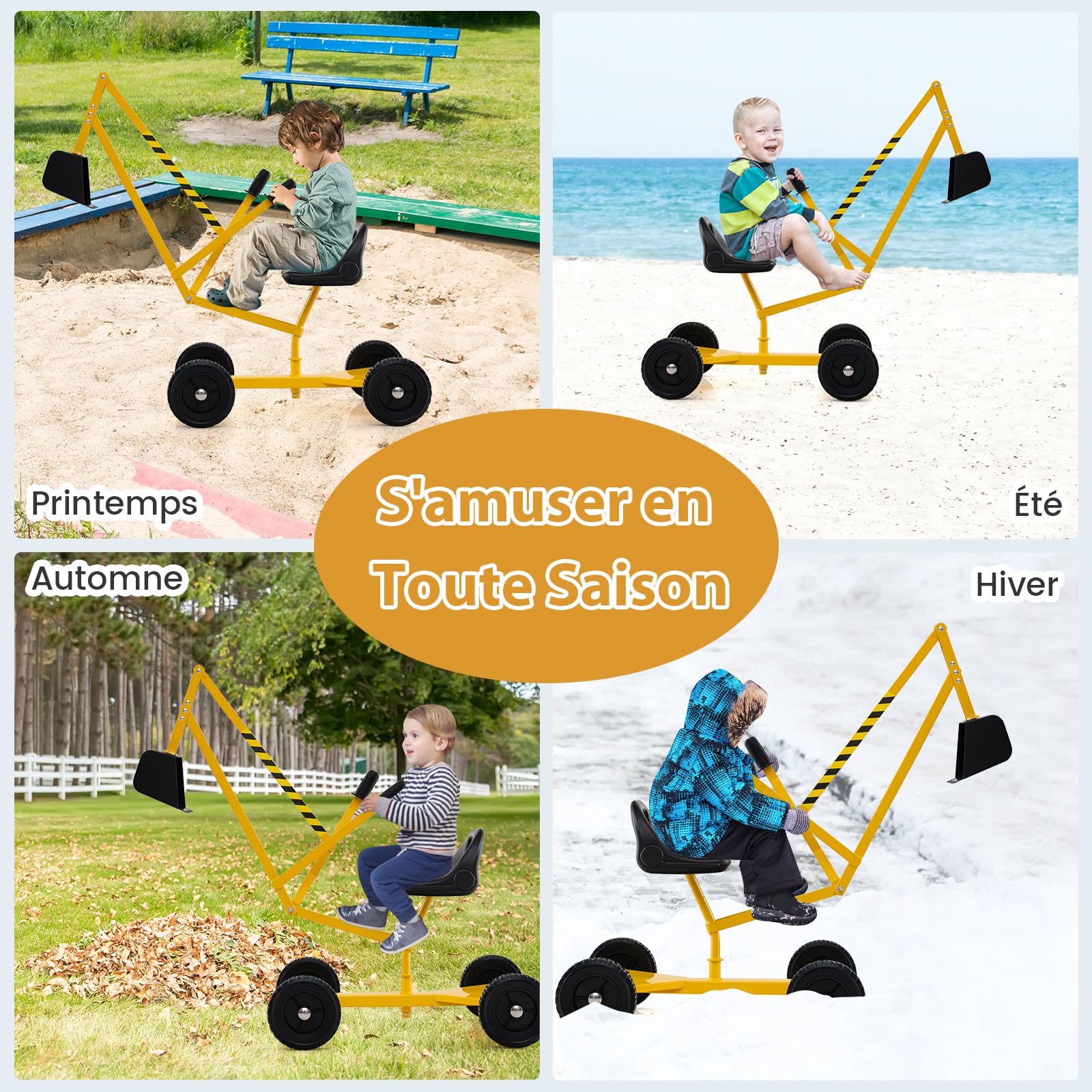 COSTWAY Pelleteuse Enfant avec Siège Pivotant à 360°& Pelle, Tractopelle pour Bac à Sable avec Cadre Métal & 4 Roues, Jouet Pelleteuse Excavatrice Manuelle pour Sable Terre Neige, 3 Ans+
