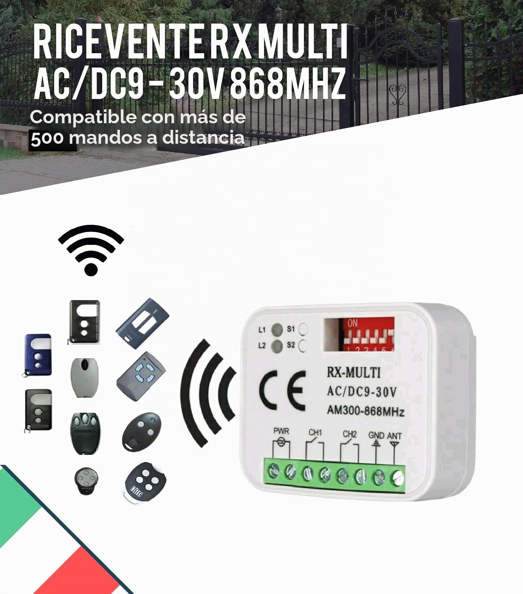 Receptor de centralina de radio universal con mando a distancia multimarca para puerta de garaje automática de 2 canales fijo y código Rolling 9/30V 433 868 MHz AC/DC