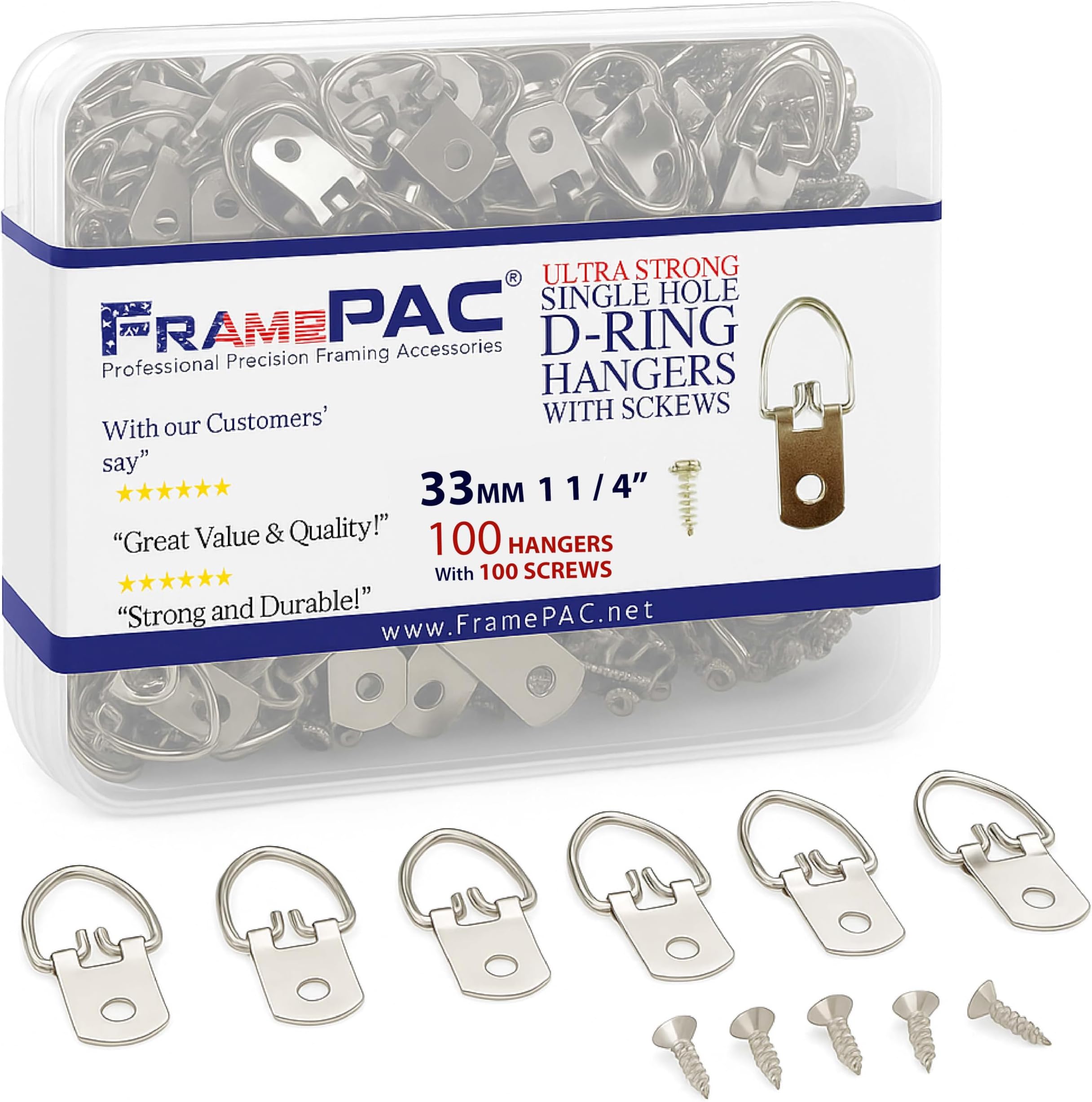 D Ring Picture Hangers with Screws - 100 Pack - Bulk D Rings - Pro Quality Hangers - Picture Hanging Solutions