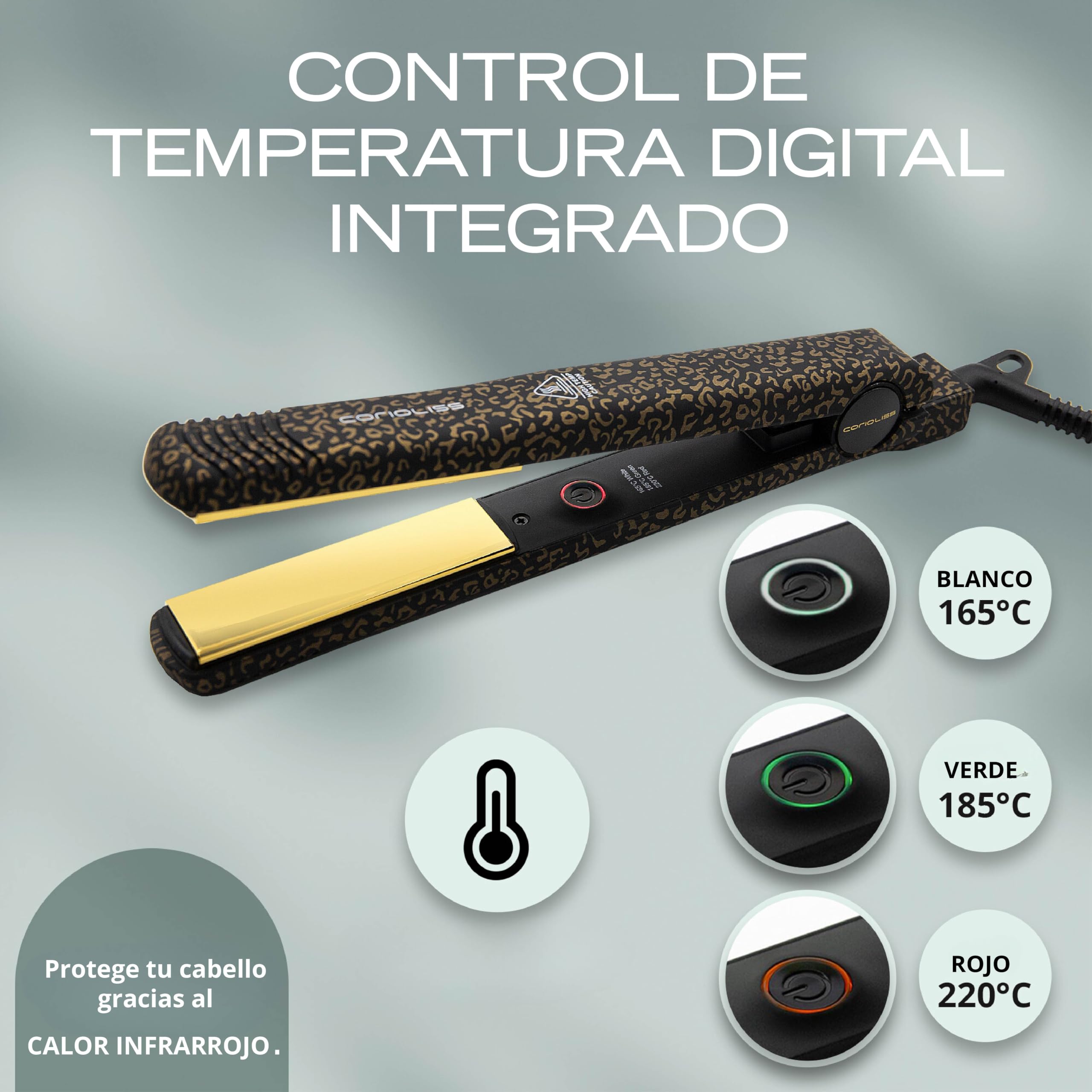 Corioliss C-Style | Plancha del Pelo | Placas de Titanio | Control de Temperatura 165º-220º | Iónica | Alisado Ondas | Incluye Cepillo Paddle | Calentamiento 30 Seg | Cable Giratorio | Leopard Gold