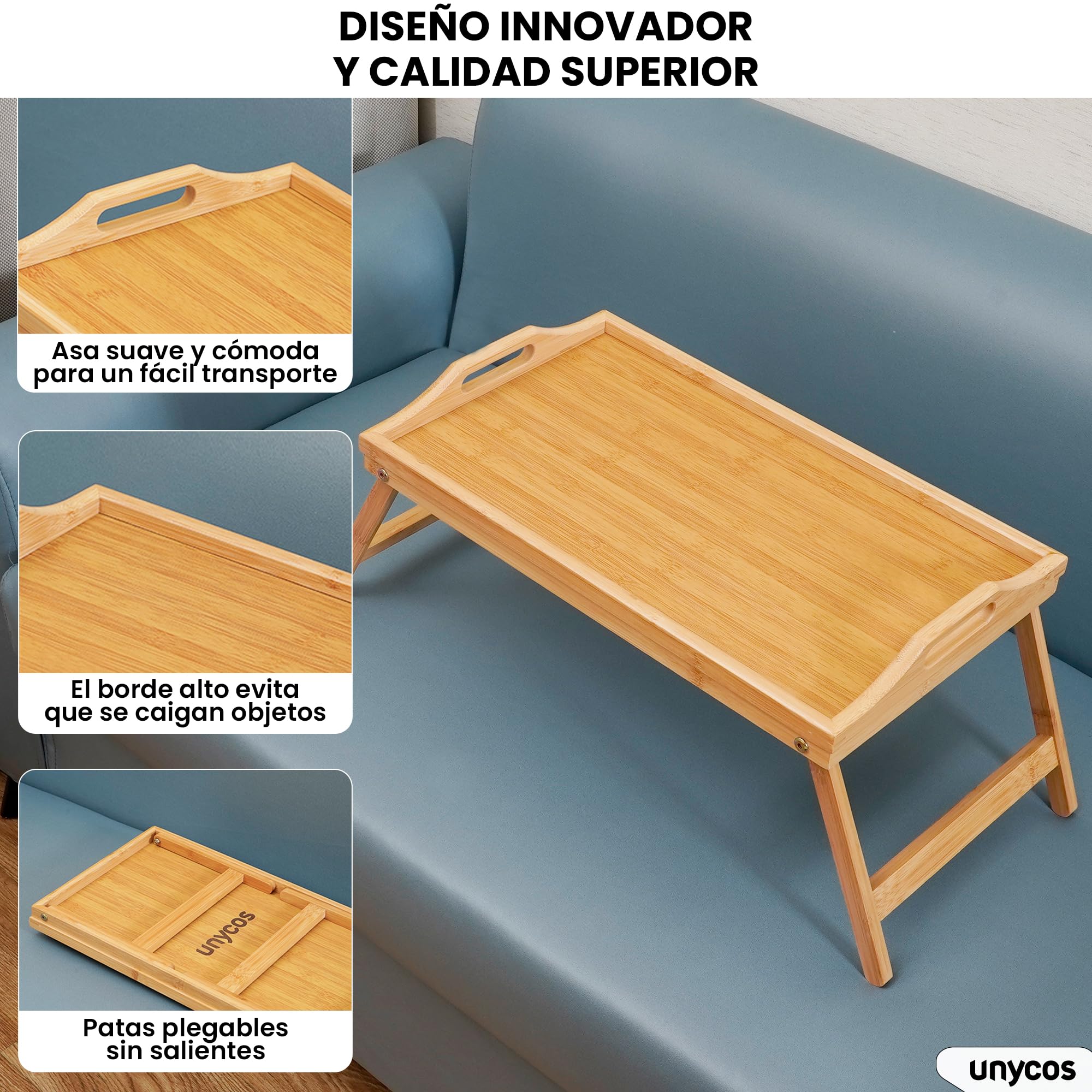 unycos - Bandeja para Cama de Bambú, Mesa Plegable Natural de Desayuno con Borde Alto, Auxiliar para Ordenador Portátil, Ideal para Trabajar, Leer o Comer en la Cama 50x30x22,3 cm (Mesa de Almuerzo)