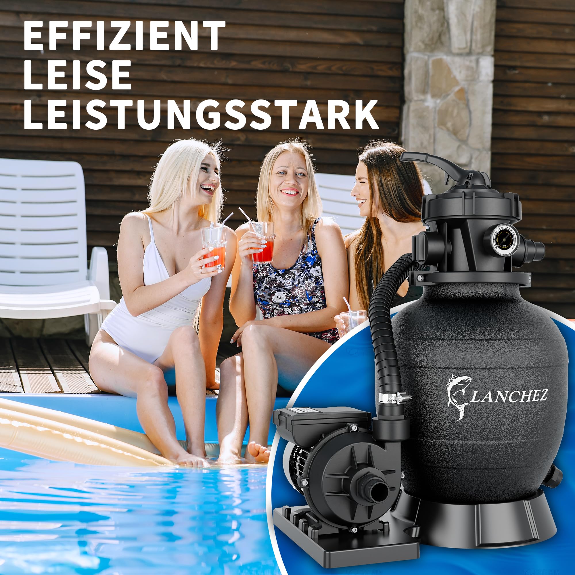 LANCHEZ Sandfilteranlage 11.500 L/h, 7-Wege-Ventil, 24h Zeitschaltuhr, 200g Filterbälle, Sandfilterkessel für Pool, Tankvolumen Maximal 10 kg Sand, 2in1 Adapter Ø32mm-38mm
