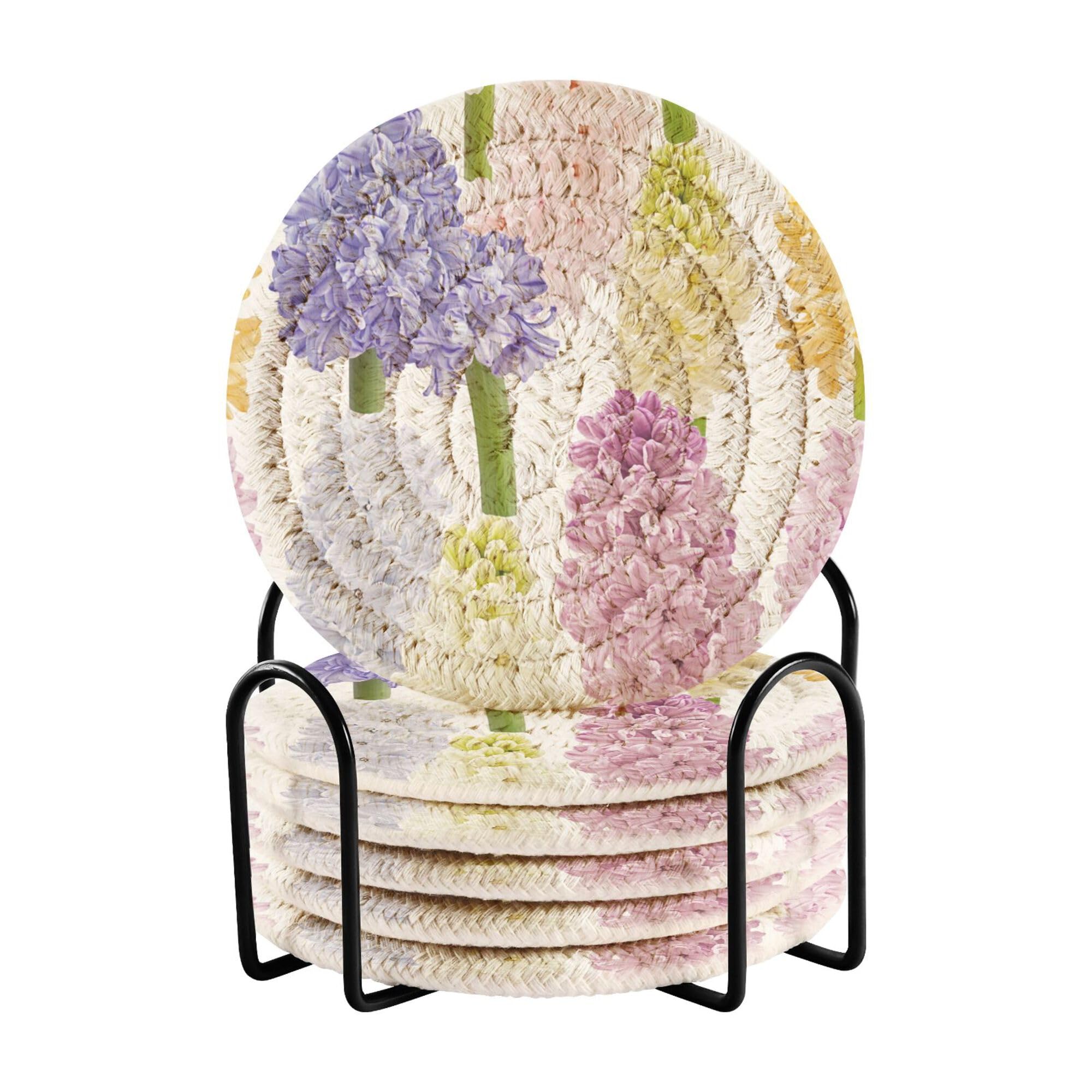 Nature Hyacinths White Cotton Rope Drink Coasters Set Set with Holder 6 Pack Table Coasters Absorbent