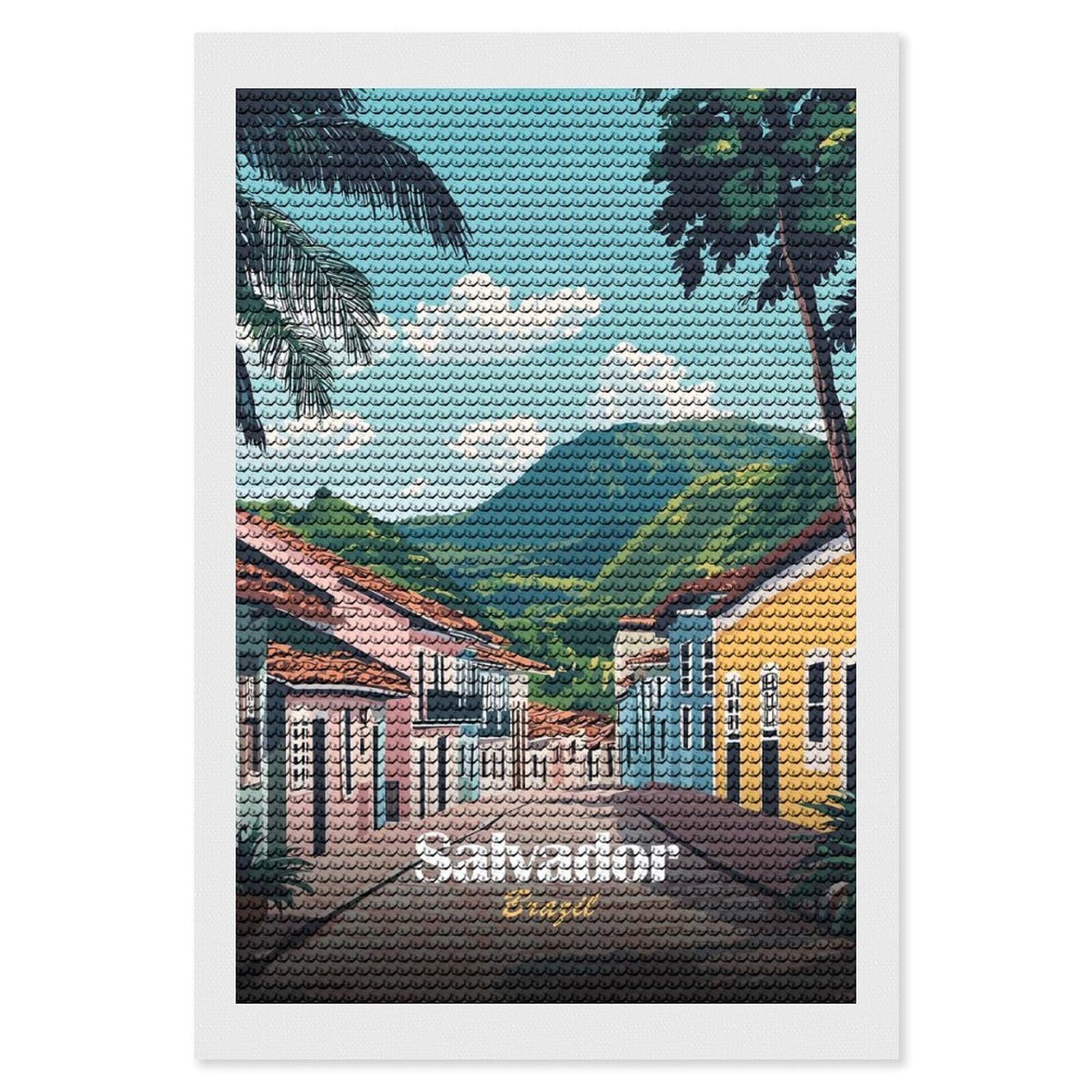 Junmoney Salvador, Brazil Street Scene Diamond Painting Canvas Set 8"x12", Easy to Enjoy, Adhesive Canvas, Office Decor, Holiday Gift Idea, with Tool Kit