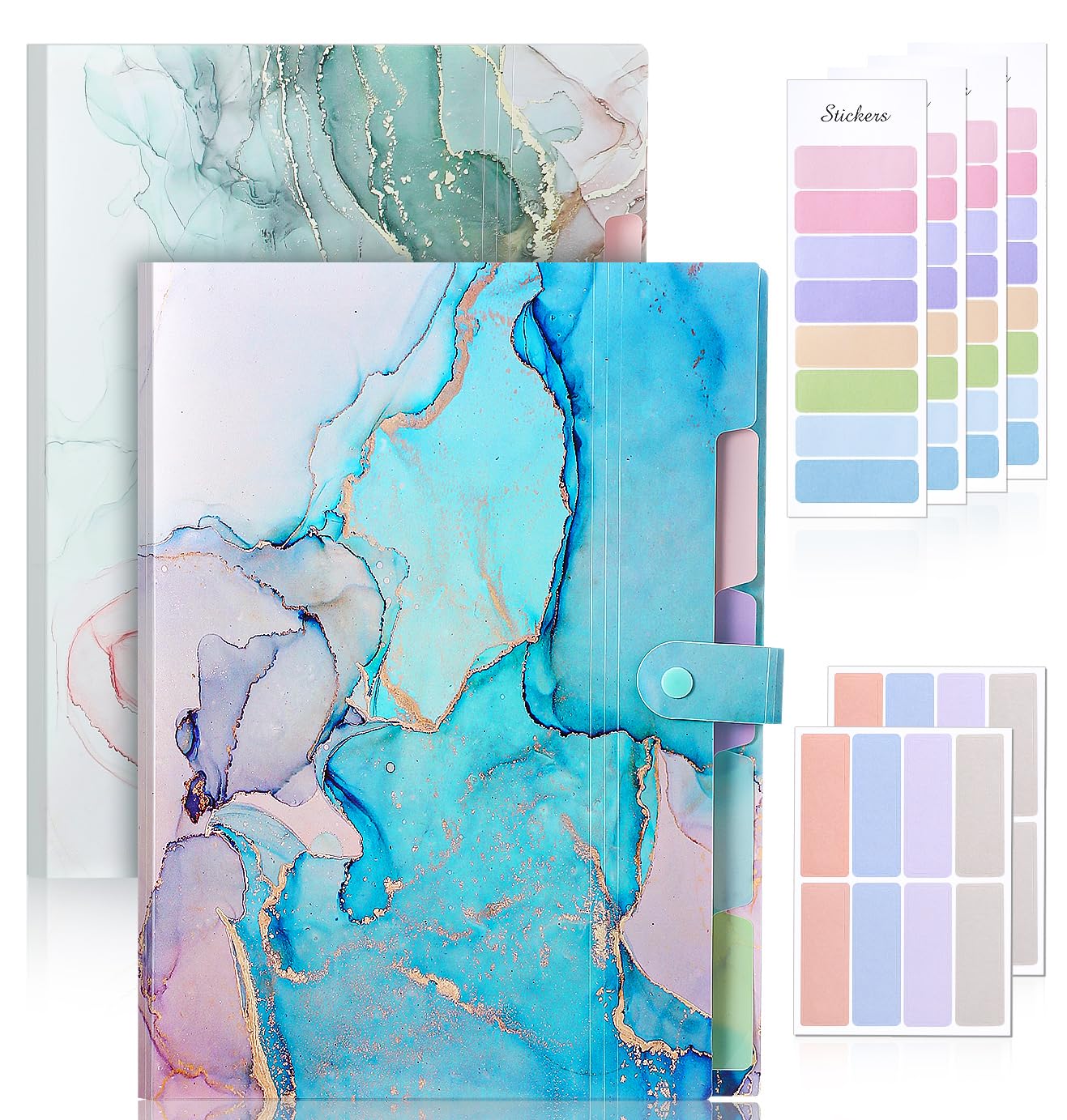 Candcamp 2 Pack Expanding File Folders A4 Plastic Document Organizer with Snap Button and 6 Sheets Sticky Labels Folder Organiser for School Home Office(Green & Light Blue Marble Pattern)