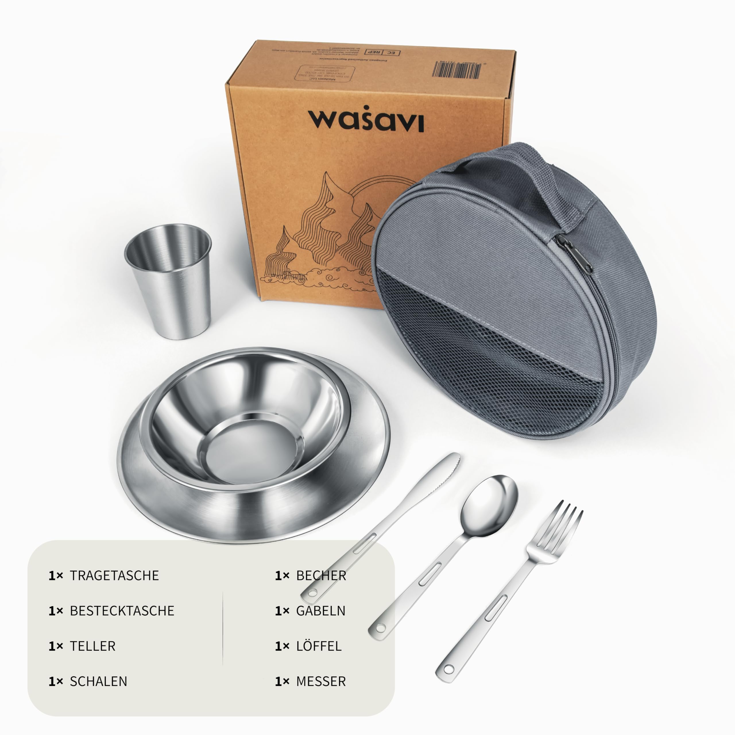 Campingbesteck Set – Camping Geschirr Set mit Edelstahl Besteckset, Teller, Schale und Becher. Inklusive Bestecktasche. Tragbares Geschirrset für Outdoor, Picknick, Grillen. [9-teiliges für 1 Person]