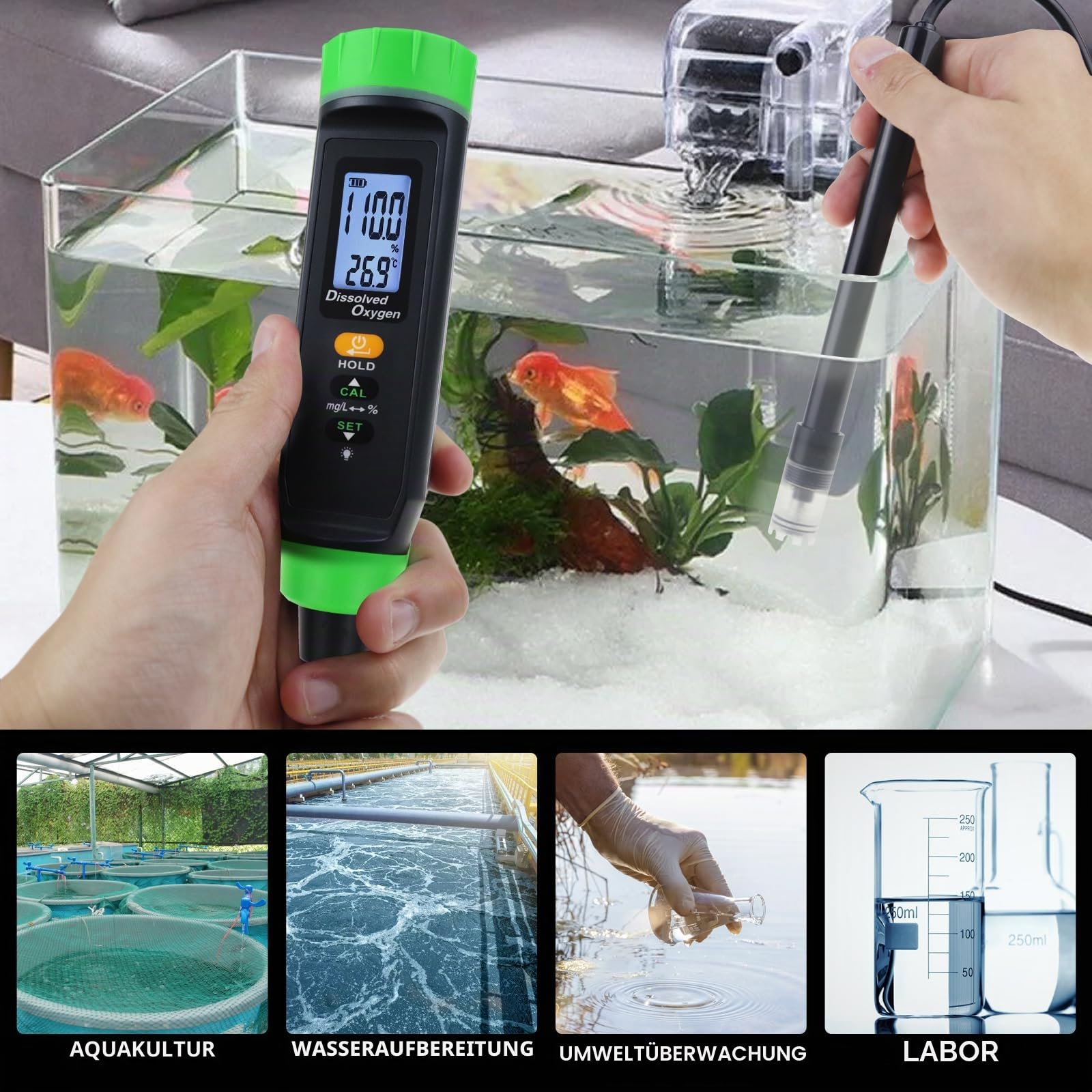 Digitales, wiederaufladbares Messgerät für gelösten Sauerstoff | Präziser DO-Tester mit selbstschwimmender Sonde, langem Kabel, LCD und umweltfreundlicher Batterie | Ideal für Fischtanks, Hydrokulture