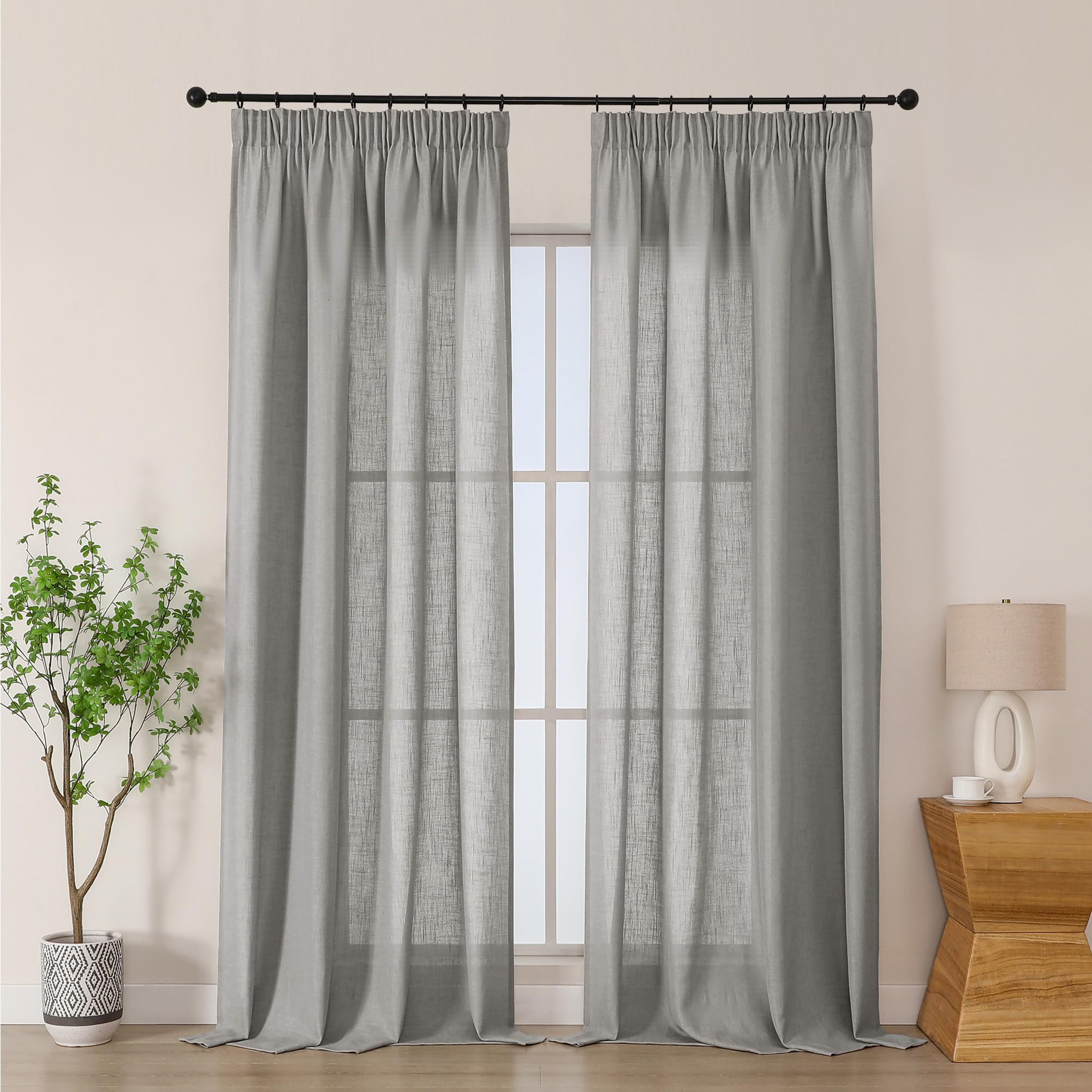 Simplebrand Charcoal Gray Linen Blend Pencil Pleat Curtains, Light Filtering Semi-Sheer Textured Window Drapes for Privacy, 2 Panels for Floor-to-Ceiling Window, Living Room & Bedroom, W140 x L245 cm