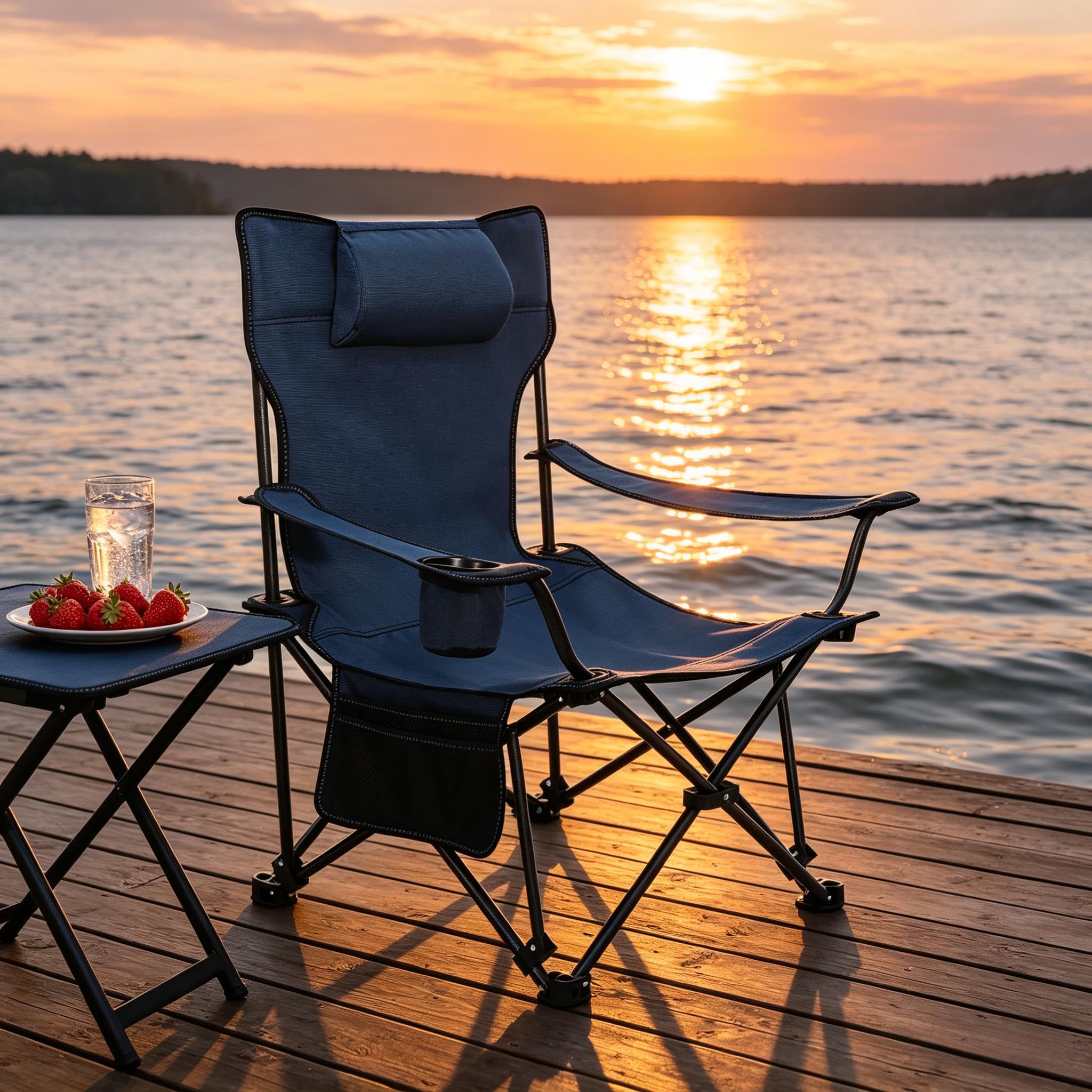 Ergonomiczne krzesło kempingowe z funkcją leżenia – regulowane krzesło składane na plażę, do ogrodu i wędkowania, wysuwany podnóżek i uchwyt na napoje, stabilne do 150 kg, w zestawie torba