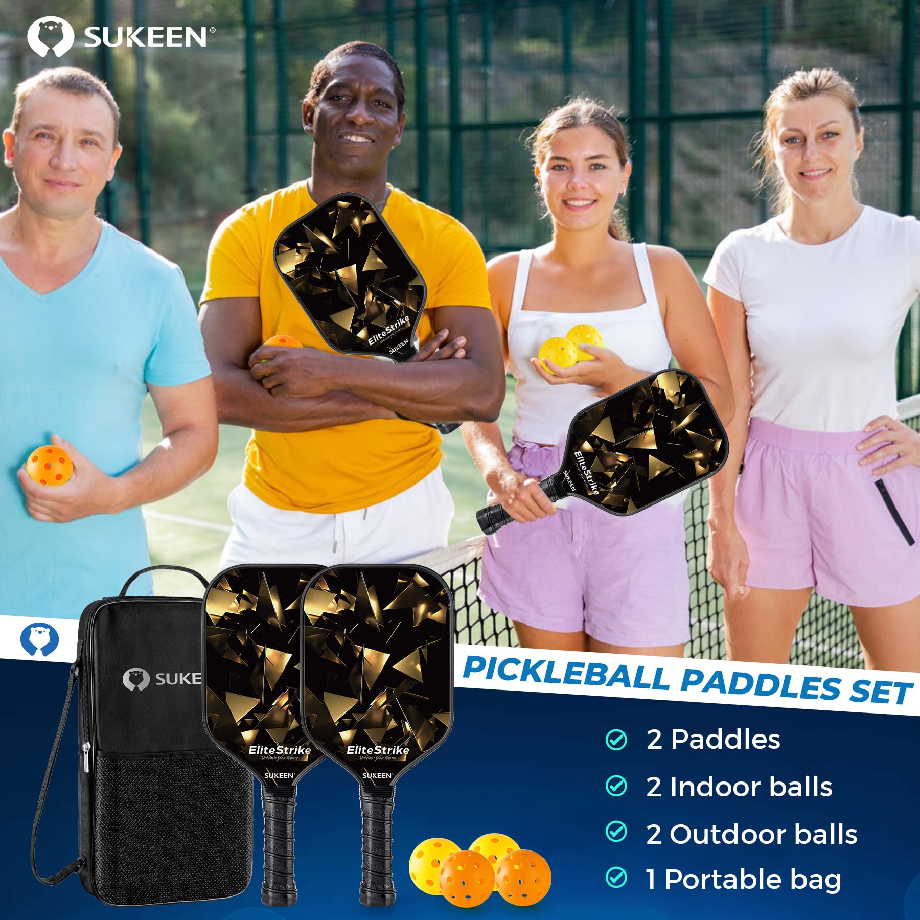 Sukeen Ensemble de Raquettes de Pickleball, 2 Pickleball Paddles en Fibre de Verre, Série Ciel Etoilé, Haute Absorption des Chocs, Pickleball Set Légère Convient aux Débutants