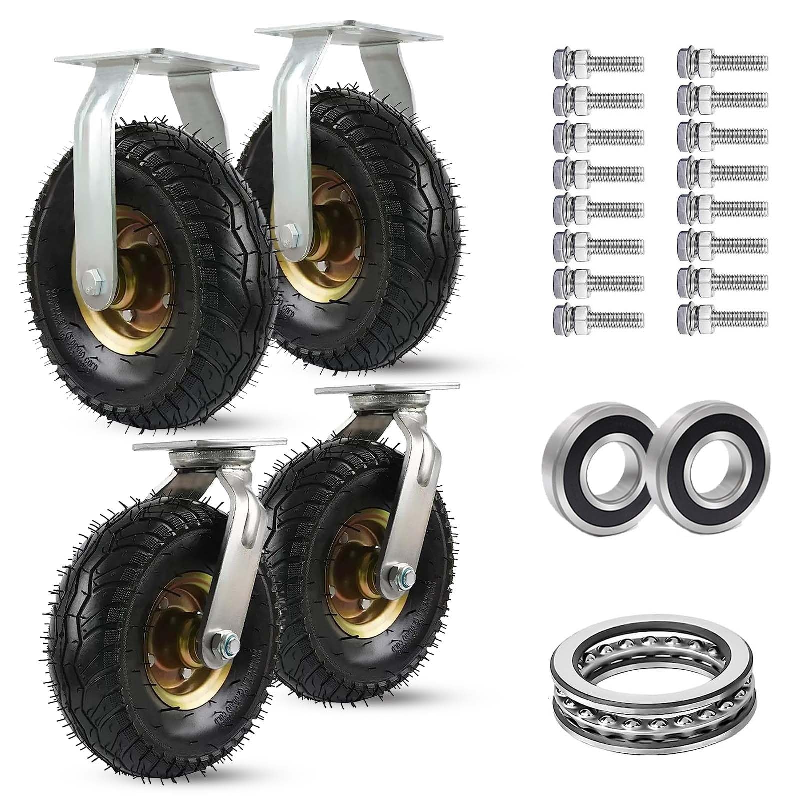 MXXQRHF Heavy Duty Castor Wheels 200kg Load Capacity Rubber Swivel Trolley Casters Pneumatic Caster Wheel Set Industrial Transport WearResistant 4 Pack