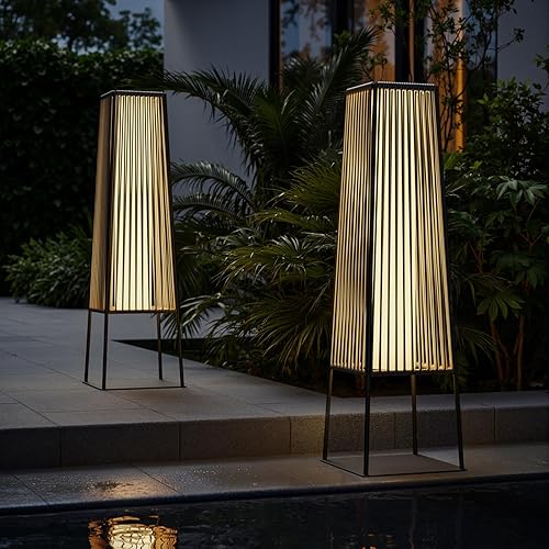 Miniatura 10 de Juego de 2 lámparas de pie para exteriores, faroles solares de ratán impermeables para exteriores, para balcón, terraza, jardín y patio (natural)