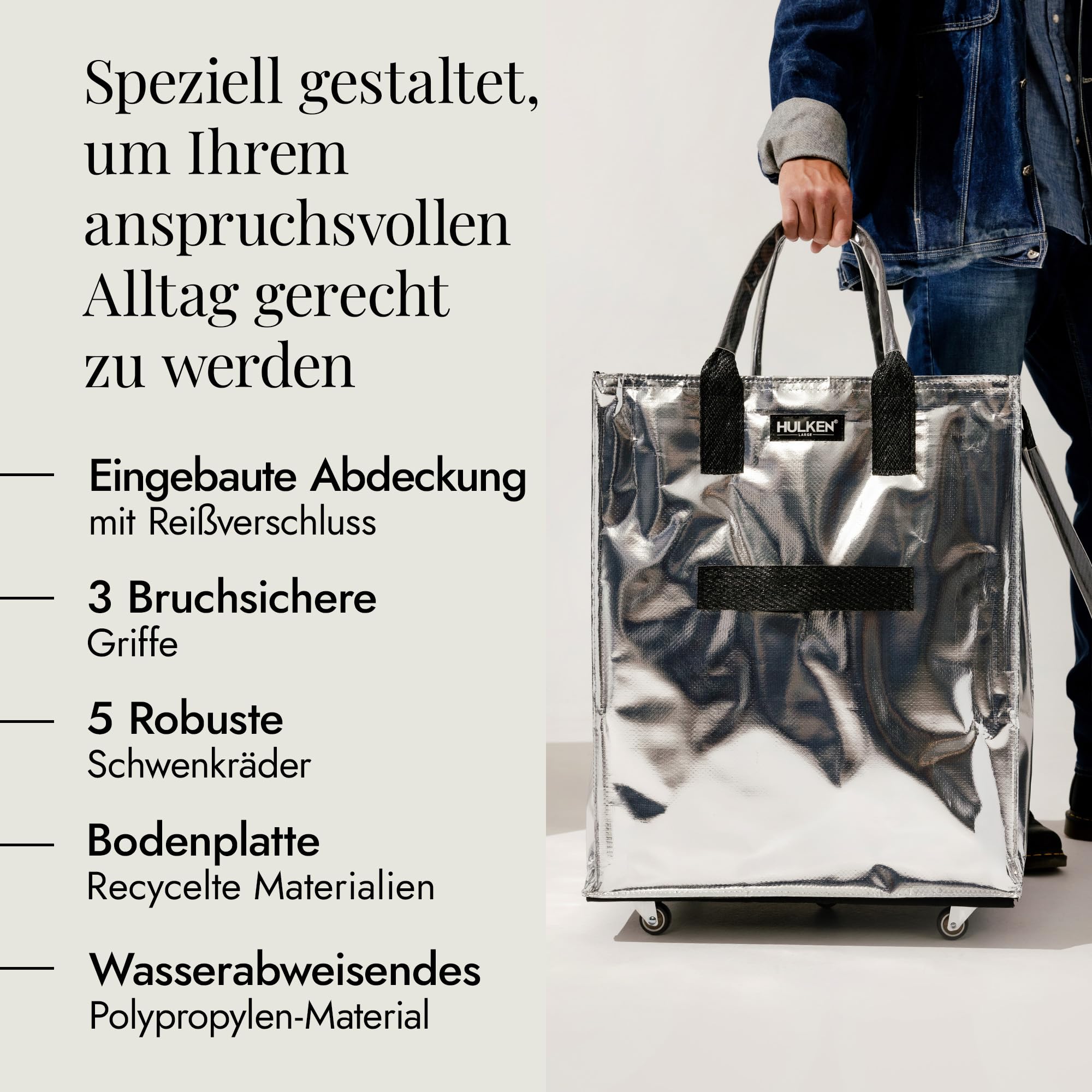 HULKEN - (Große, silberne) wiederverwendbare Einkaufstasche auf Rädern. Der Einkaufswagen trägt bis zu 30 kg. Der klappbare Einkaufstrolley hat robuste Griffe und Reißverschluss, ist flach und faltbar