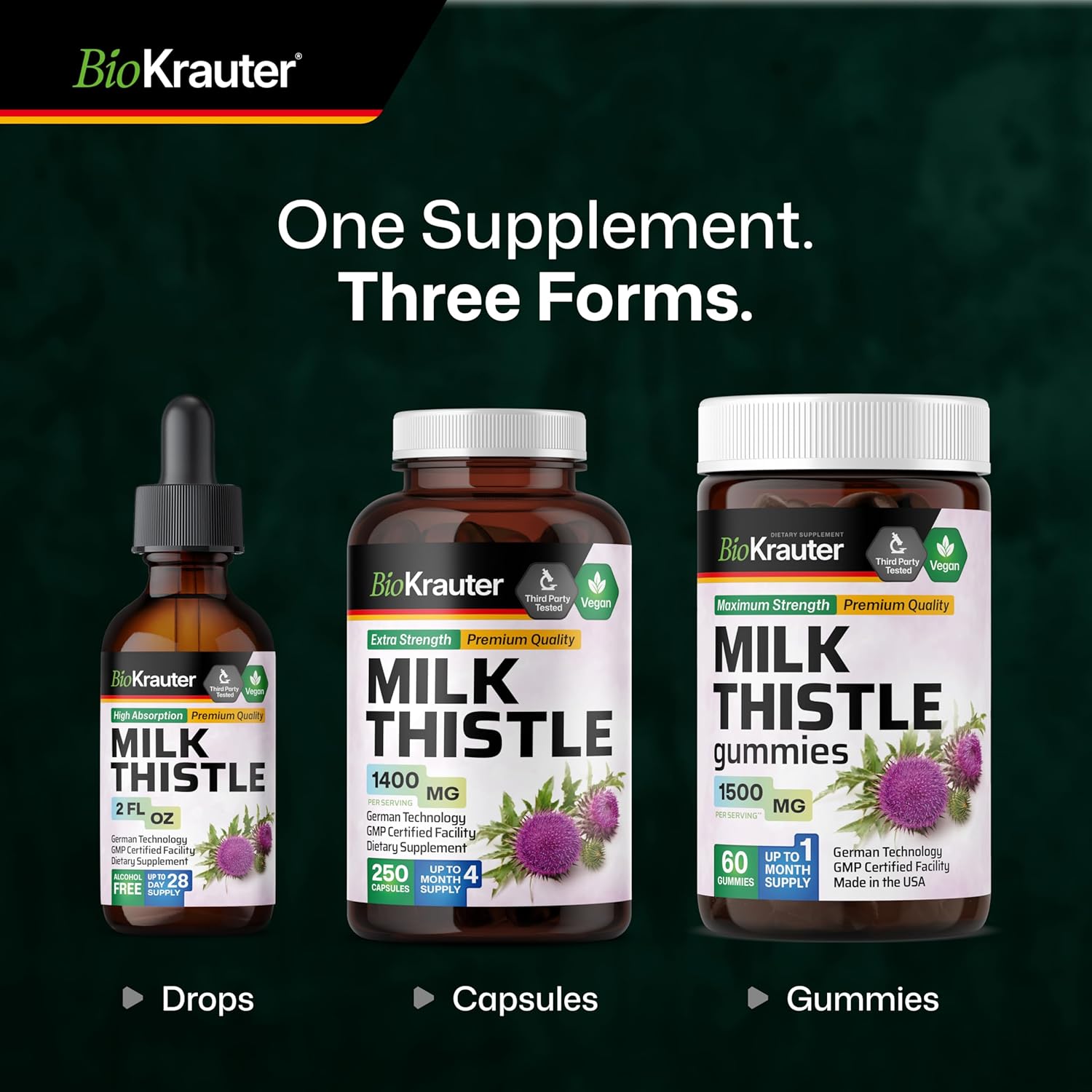 BIO KRAUTER® Milk Thistle Supplement for Liver Cleanse & Detox - Liquid Milk Thistle Extract Сontains Silymarin for Digestive Support 2 Fl.Oz - Alcohol & Sugar Free, 28 Days of Supply