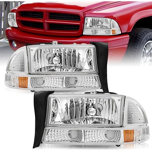 Headlight Assembly Set Fits for 1997-2004 Dakota / 1998-2003 Durango & Bumper Light 4 PCS Replacement OE Headlamp Chrome Housing with Amber Reflector