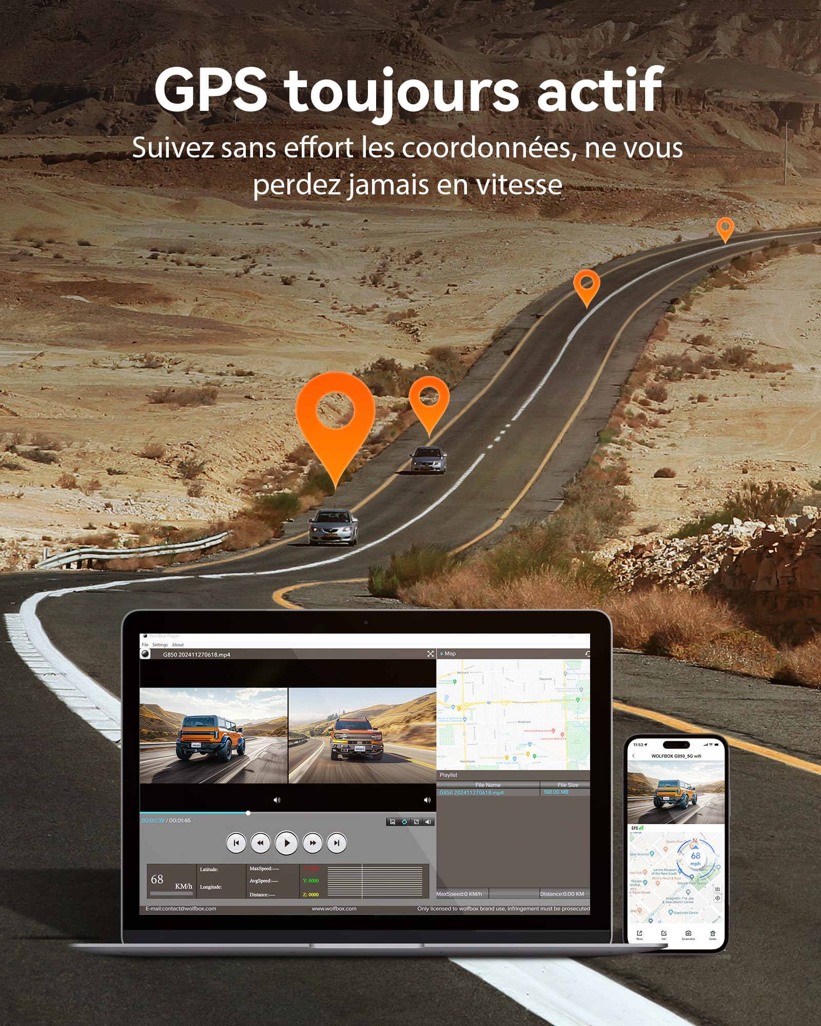 WOLFBOX 12'' G850 4K+1080P Dashcam Voiture Rétroviseur avec 5.8GHz WiFi et Commande Vocale, Enregistrement Boucle, Vision Nocturne, Moniteur Stationnement, Arrière Étanche, avec GPS et Carte 64 Go