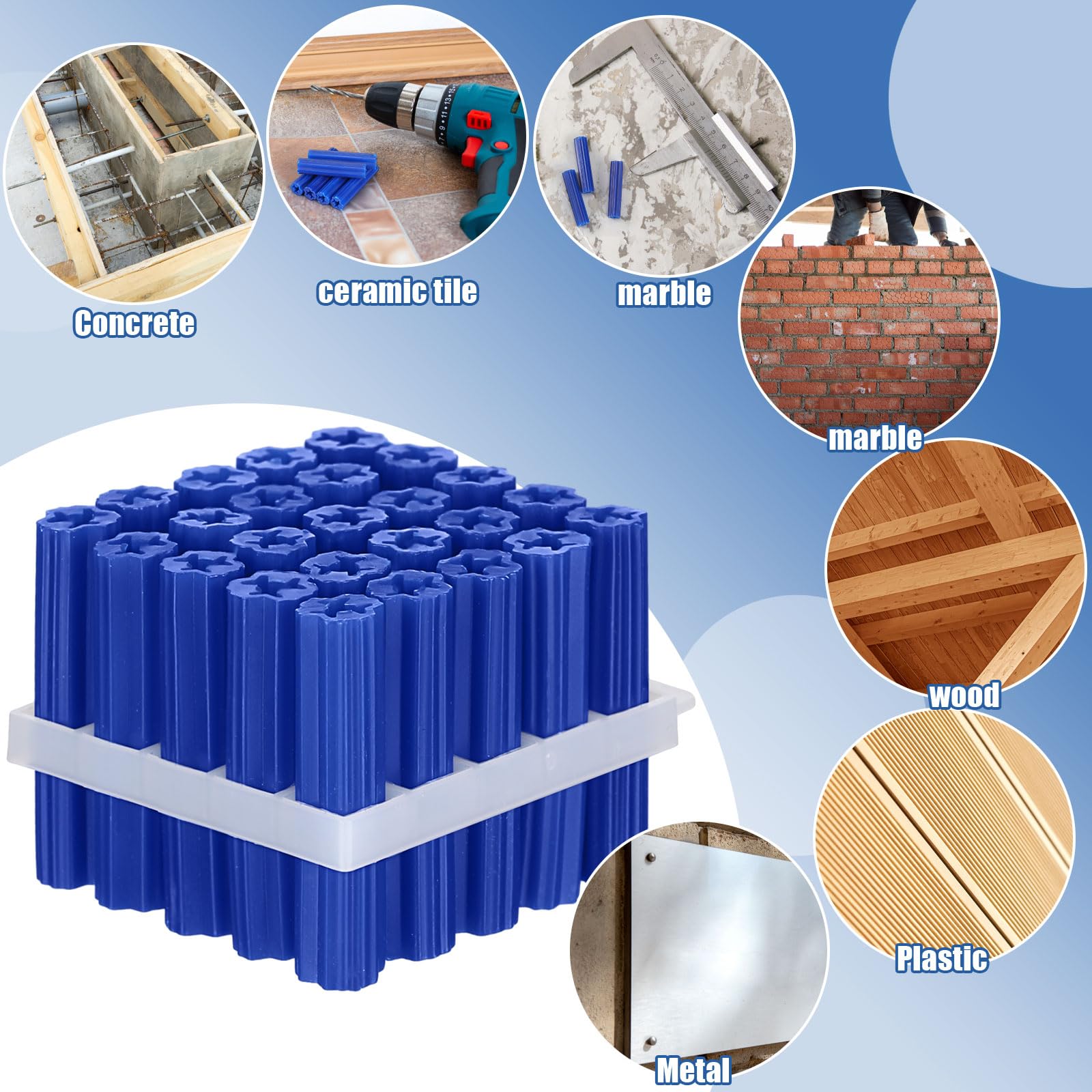Lineshading Lot de 100 ancrages extensibles en plastique pour béton de 1,6 cm x 3,8 cm pour vis #14 ou vis tire-fond 1/4 bleues, ancrages de cloison sèche pour murs creux, carrelage, ciment et boulon