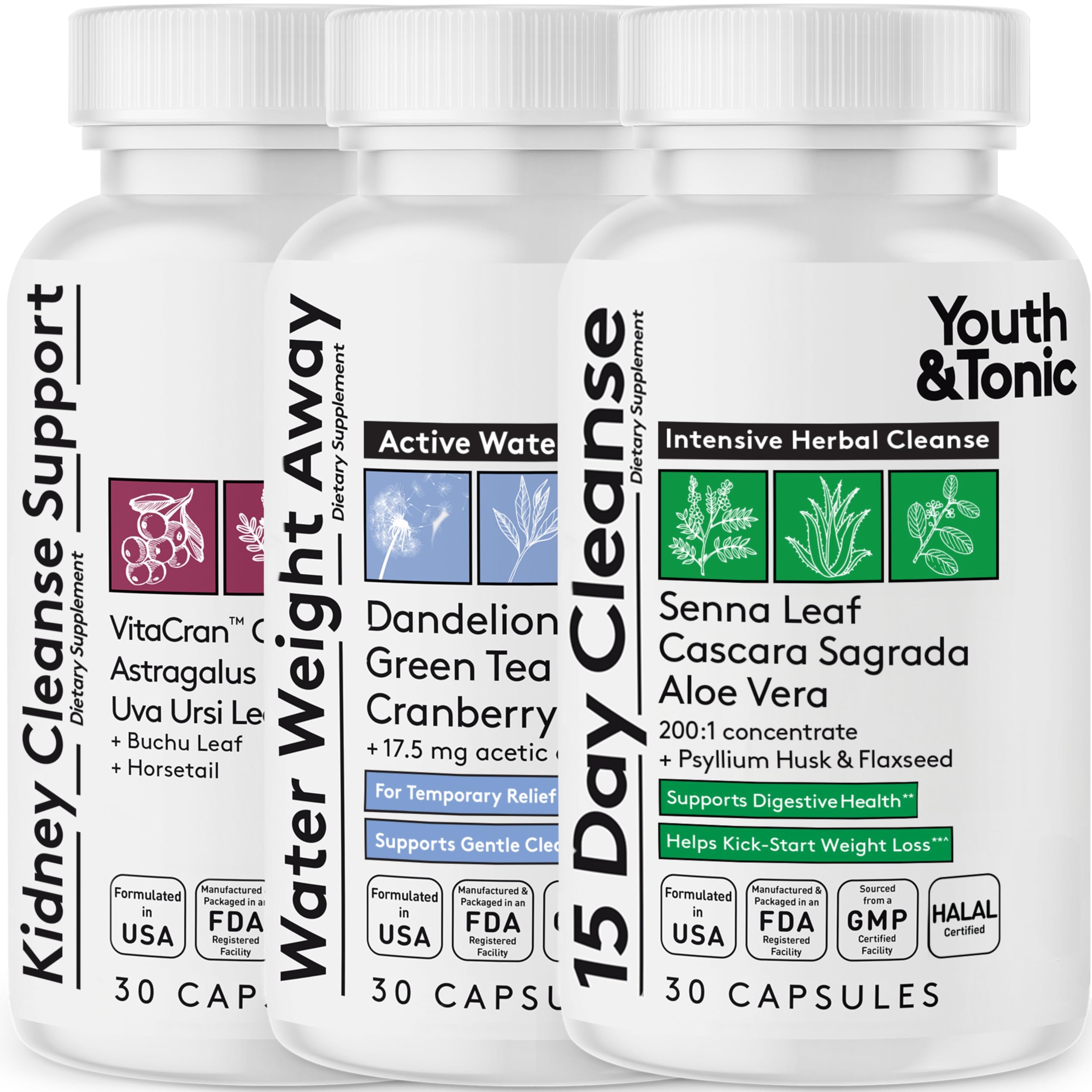 Youth & Tonic Complete Multi-Organ Detox Support – 15 Day Colon Cleanser & Gut Detox, Kidney Cleanse, Water Balance & Liver Health, 90 Pills for Women and Men