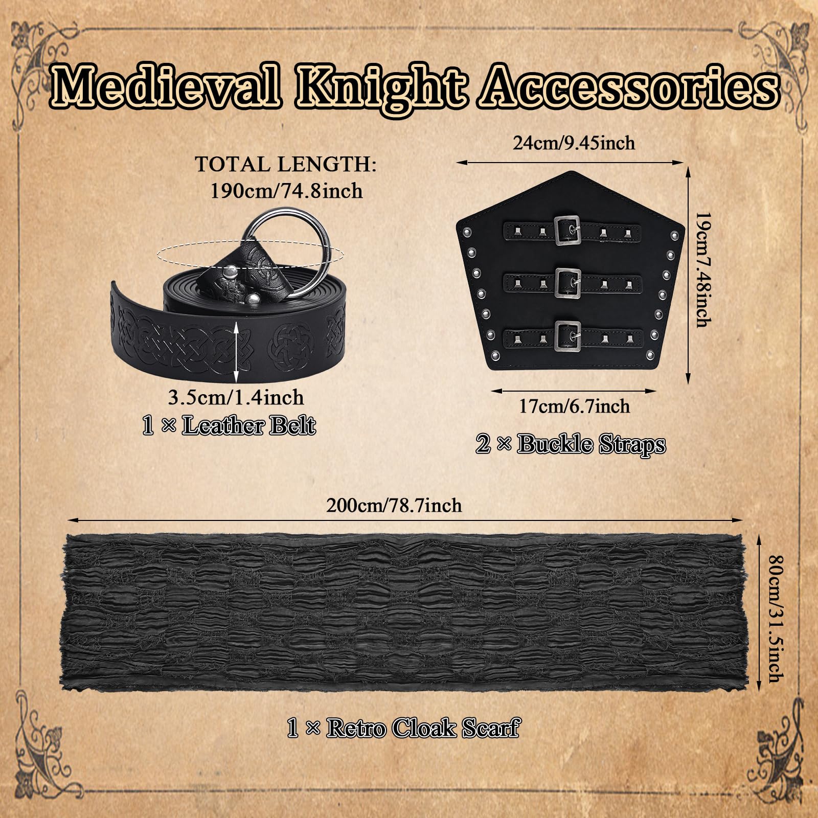 3PCS Medieval Knight Accessories Set - Renaissance Viking Style Cloak Scarf, Leather Belt, Buckle Straps, Black - Image 3