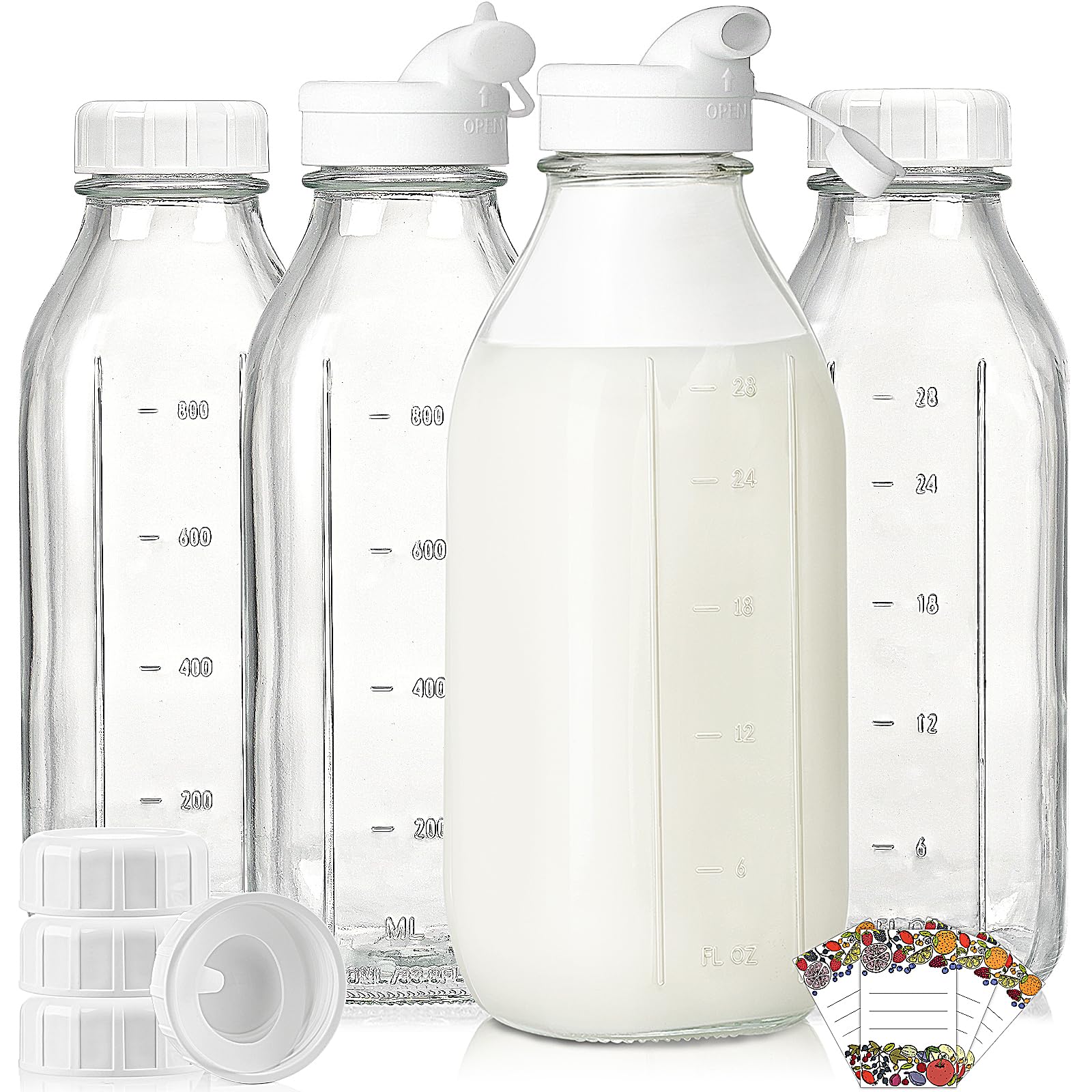 Liter Glass Milk Bottles w 100% Airtight Heavy Duty Screw Lid - 4 Pack 32 Oz Drinking Jars w Lids - Food Grade Glass Bottles for Milk, Honey, Jam - Dishwasher Safe(Extra 2 Lids and Stickers Included)